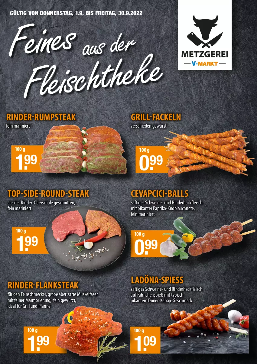 Aktueller Prospekt Vmarkt - Metzgerei - von 01.09 bis 30.09.2022 - strona 1 - produkty: ball, cevapcici, eis, feinschmecker, Flanksteak, fleisch, für grill und pfanne, gewürz, grill, grill und pfanne, grill-fackeln, hackfleisch, ideal für grill, ideal für grill und pfanne, knoblauch, mac, paprika, pfanne, rind, rinder, rinder-rumpsteak, rinderhackfleisch, rum, rumpsteak, saft, Schal, Schale, schnitten, schwein, schweine, steak, Ti, und pfanne, wein, weine