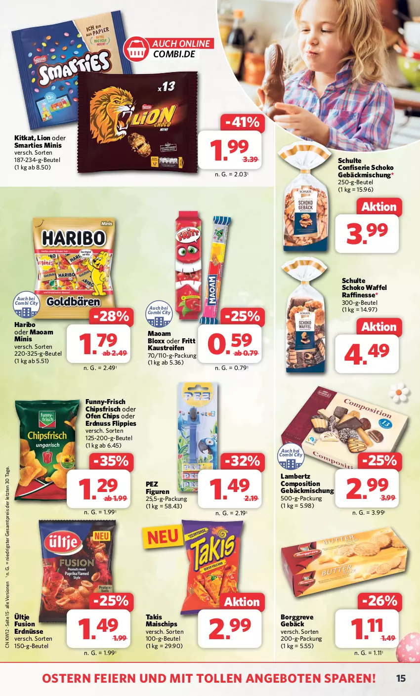 Aktueller Prospekt Combi - Prospekte - von 18.03 bis 23.03.2024 - strona 15 - produkty: Amber, angebot, angebote, aust, beutel, chips, chipsfrisch, eier, eis, erdnuss, erdnüsse, finesse, flippies, funny-frisch, gebäckmischung, haribo, Kaustreifen, kitkat, lambertz, lion, mais, maoam, nuss, Ofen, reifen, reis, schoko, smarties, Ti, ültje, ZTE