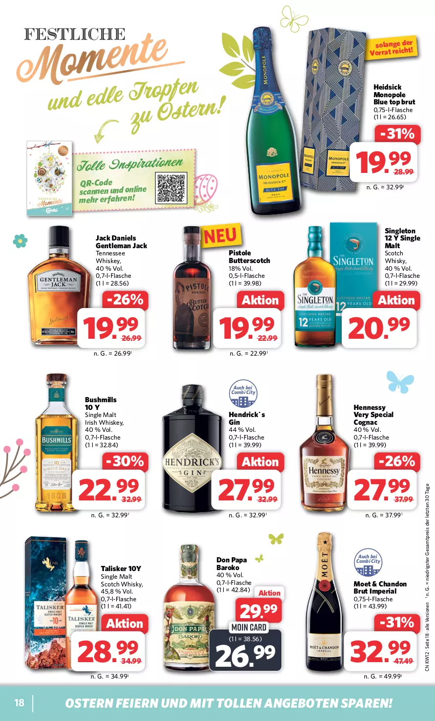 Aktueller Prospekt Combi - Prospekte - von 18.03 bis 23.03.2024 - strona 18 - produkty: angebot, angebote, brut, butter, Cognac, eier, eis, flasche, gin, irish whiskey, jack daniel, jack daniels, moet, reis, Ria, scotch, scotch whisky, single malt, tennessee whiskey, Ti, whiskey, whisky, ZTE