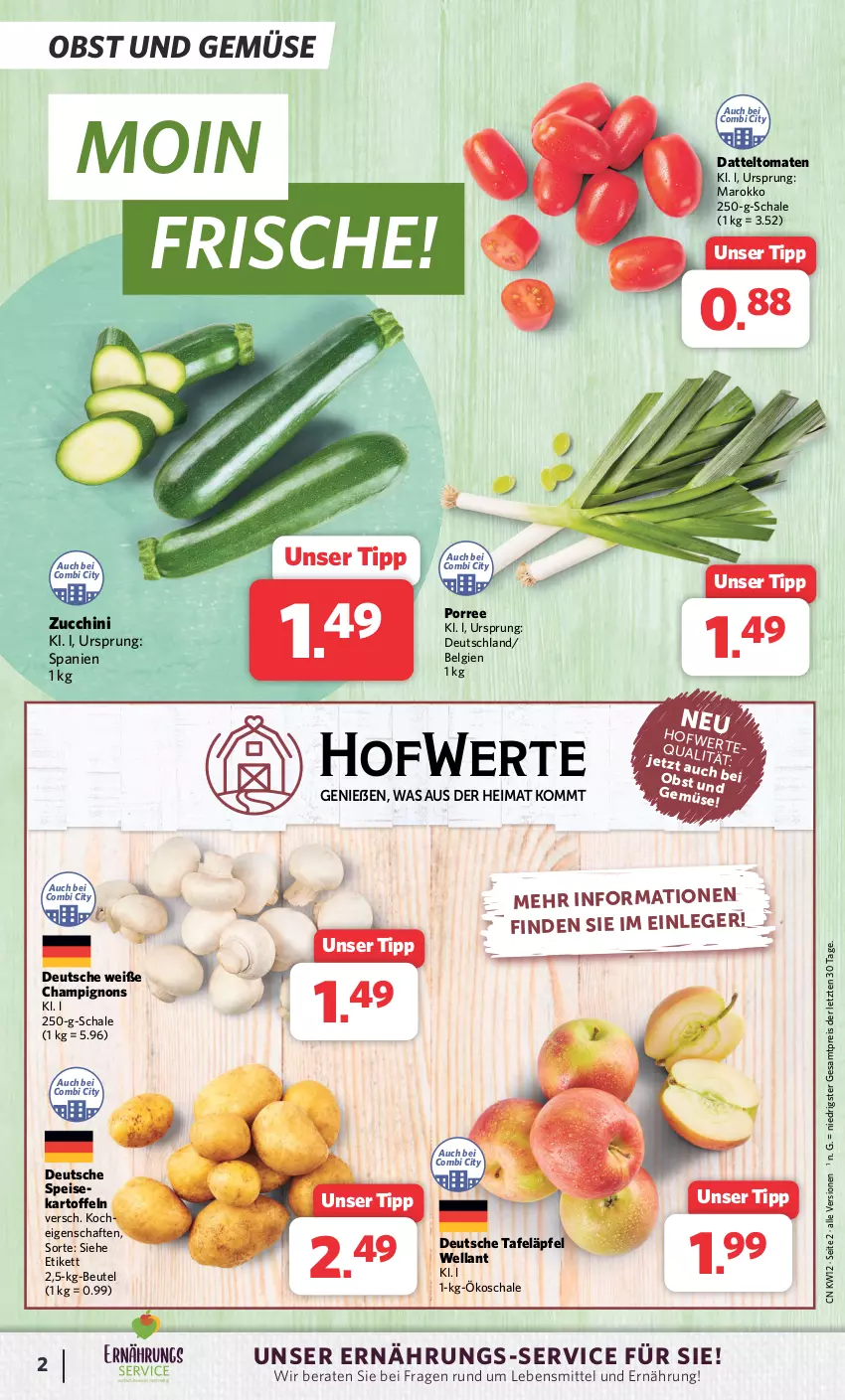 Aktueller Prospekt Combi - Prospekte - von 18.03 bis 23.03.2024 - strona 2 - produkty: beutel, champignon, champignons, datteltomaten, eis, kartoffel, kartoffeln, lebensmittel, LG, obst, Obst und Gemüse, reis, Schal, Schale, tafeläpfel, Ti, tomate, tomaten, und gemüse, Wella, ZTE, zucchini