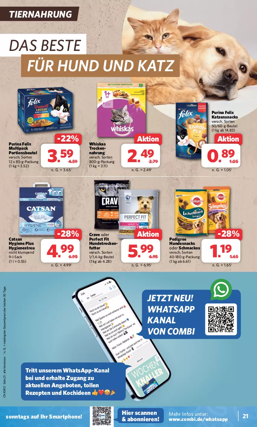 Aktueller Prospekt Combi - Prospekte - von 18.03 bis 23.03.2024 - strona 21 - produkty: angebot, angebote, beutel, catsan, eis, elle, felix, hundesnack, hundesnacks, katzensnack, katzensnacks, mac, pedigree, Perfect Fit, portionsbeutel, purina, reis, rezept, rezepte, sac, smartphone, snack, snacks, Ti, tiernahrung, trockenfutter, whiskas, ZTE