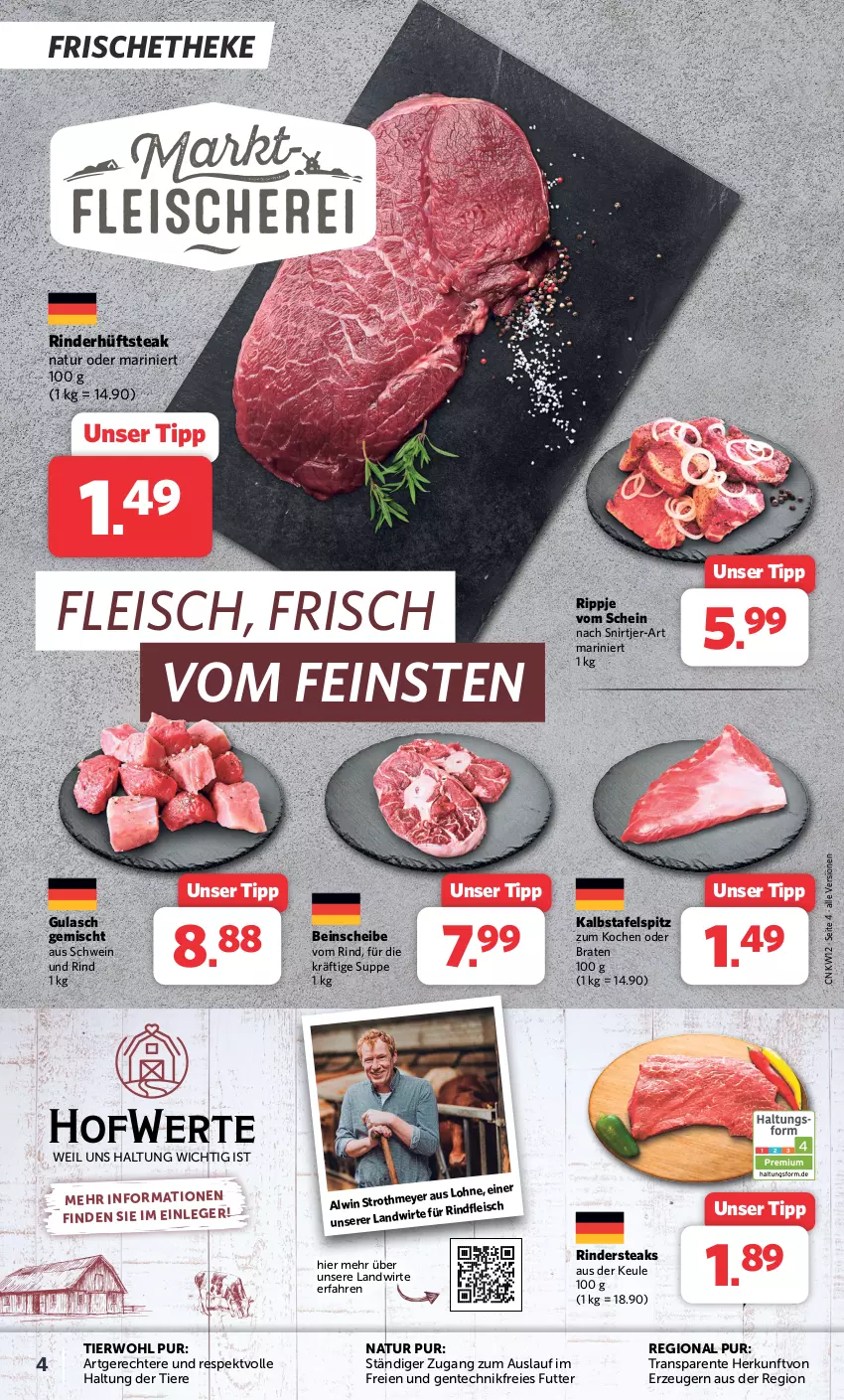 Aktueller Prospekt Combi - Prospekte - von 18.03 bis 23.03.2024 - strona 4 - produkty: braten, eis, ente, fleisch, gulasch, hüftsteak, natur, rind, rinder, Rindersteak, schwein, schwein und rind, steak, steaks, suppe, tafelspitz, Ti, Tiere, wein