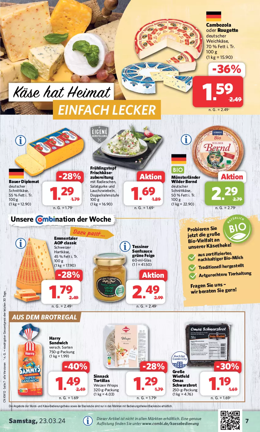 Aktueller Prospekt Combi - Prospekte - von 18.03 bis 23.03.2024 - strona 7 - produkty: angebot, angebote, auer, Bau, Bauer, bier, Biere, bio, brot, cambozola, deutscher schnittkäse, deutscher weichkäse, dip, doppelrahmstufe, eis, emmentaler, frischkäse, gurke, hartkäse, kaes, Käse, käsetheke, Lauchzwiebel, lauchzwiebeln, milch, radieschen, regal, reis, rouge, rougette, salat, Salatgurke, sandwich, sauce, schnittkäse, Schwarzbrot, schweizer hartkäse, senf, sinnack, stube, Ti, topf, tortilla, tortillas, weichkäse, Wild, Wilder Bernd, wrap, wraps, wurst, ZTE, zwiebel, zwiebeln