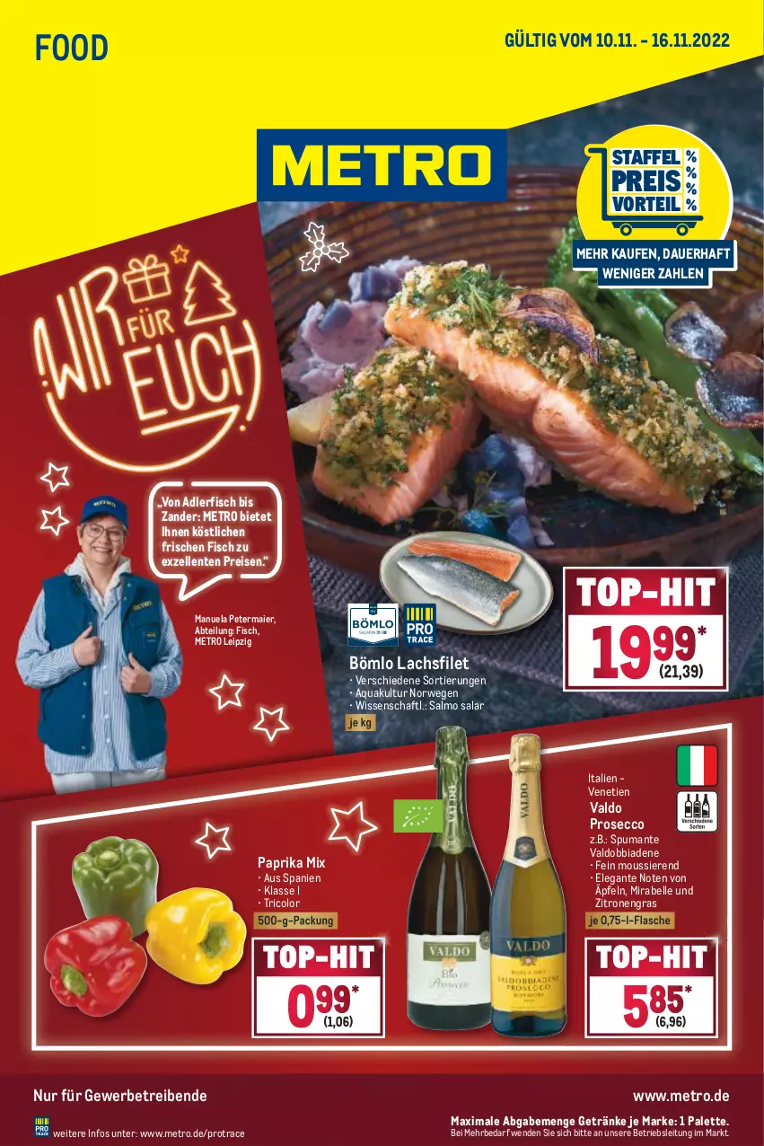 Aktueller Prospekt Metro - Food - von 10.11 bis 16.11.2022 - strona 1 - produkty: Abtei, aqua, auer, ecco, eis, elle, ente, filet, fisch, flasche, getränk, getränke, lachs, lachsfilet, Metro, Palette, paprika, paprika mix, prosecco, puma, reis, rwe, spumante, Ti, top-hit, valdo, Zander, zitrone, zitronen