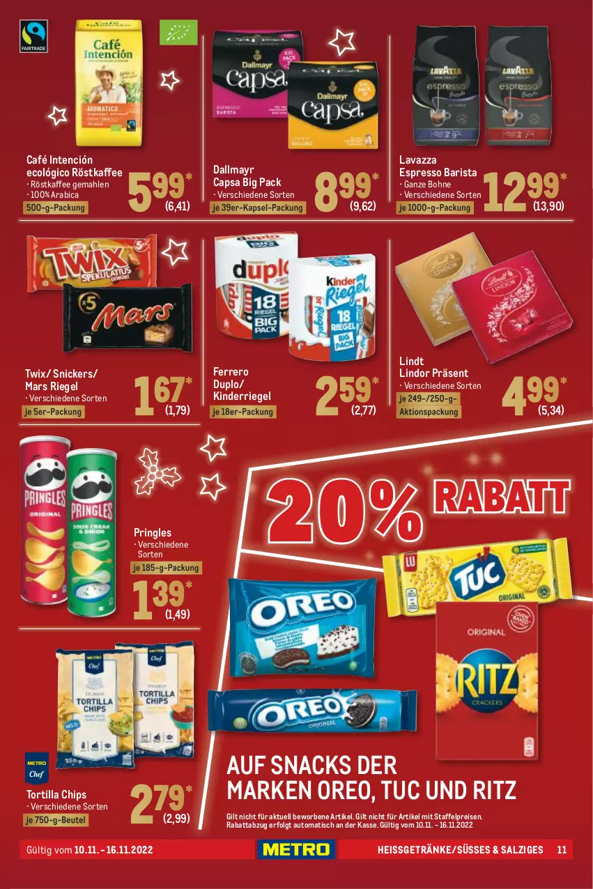 Aktueller Prospekt Metro - Food - von 10.11 bis 16.11.2022 - strona 11 - produkty: auto, beutel, bohne, Cap, chips, dallmayr, dallmayr capsa, duplo, eis, espresso, ferrero, getränk, getränke, kaffee, Kinder, lavazza, LG, lindor, lindt, mars, oreo, pringles, reis, riegel, ring, röstkaffee, salz, snack, snacks, snickers, Ti, tisch, tortilla, Tortilla Chips, tuc, twix