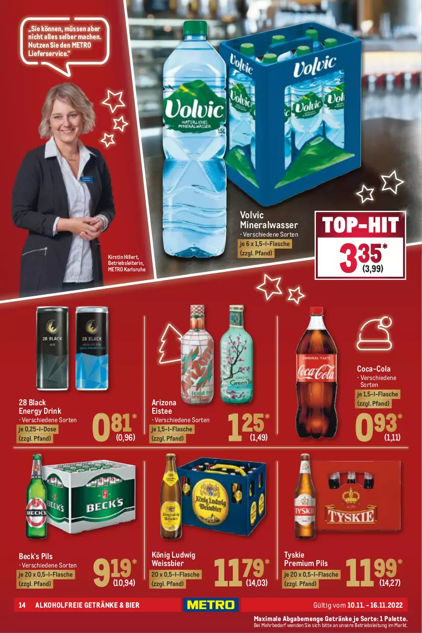 Aktueller Prospekt Metro - Food - von 10.11 bis 16.11.2022 - strona 14 - produkty: alkohol, alkoholfreie getränke, Alwa, bier, coca-cola, cola, drink, eis, eistee, energy drink, flasche, getränk, getränke, lack, lieferservice, mac, Metro, mineralwasser, Palette, pils, premium pils, tee, Ti, top-hit, tyskie, volvic, wasser, weissbier