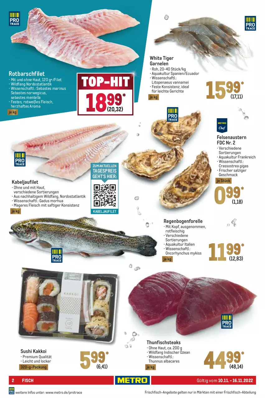 Aktueller Prospekt Metro - Food - von 10.11 bis 16.11.2022 - strona 2 - produkty: Abtei, angebot, angebote, aqua, aust, Austern, eis, elle, ente, filet, fisch, fleisch, forelle, frischfisch, garnelen, kabeljaufilet, mac, Metro, reis, rel, Rotbarsch, rotbarschfilet, rwe, saft, salz, steak, steaks, Sushi, thunfisch, Ti, top-hit, Wild