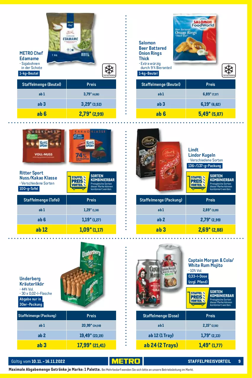 Aktueller Prospekt Metro - Food - von 10.11 bis 16.11.2022 - strona 9 - produkty: beutel, bier, bohne, bohnen, Cap, captain morgan, cola, eis, flasche, getränk, getränke, kakao, kräuter, kräuterlikör, Kugel, likör, lindor, lindt, mam, Metro, mojito, nuss, Palette, preisvorteil, reis, ring, ritter, ritter sport, rum, salomon, soja, Sport, Ti, underberg, white rum