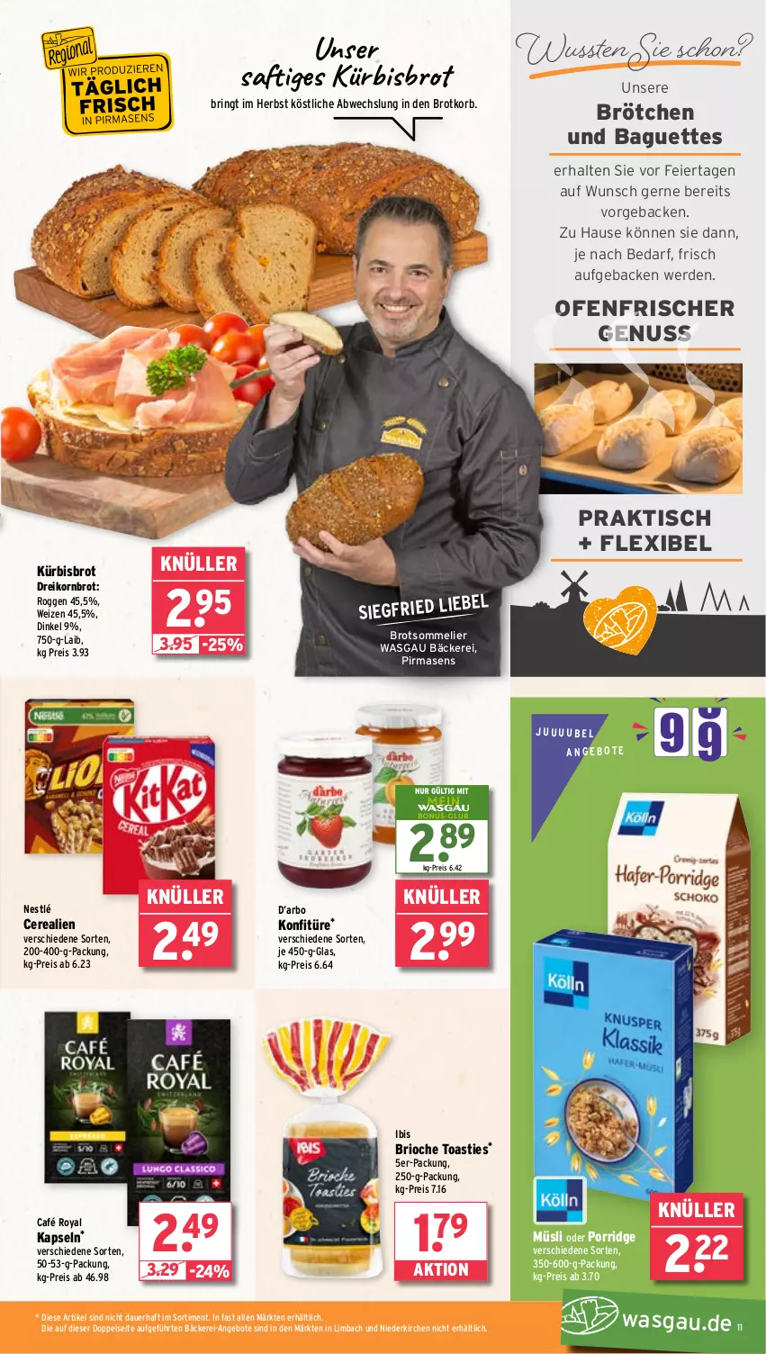 Aktueller Prospekt Wasgau - von 28.10 bis 02.11.2024 - strona 11 - produkty: angebot, angebote, asti, auer, baguette, baguettes, brot, brötchen, Brotkorb, café royal, cerealien, eier, eis, erde, geback, konfitüre, korb, korn, Kornbrot, Kürbis, müsli, nestlé, nuss, Ofen, porridge, reis, ring, saft, Ti, tisch, toast