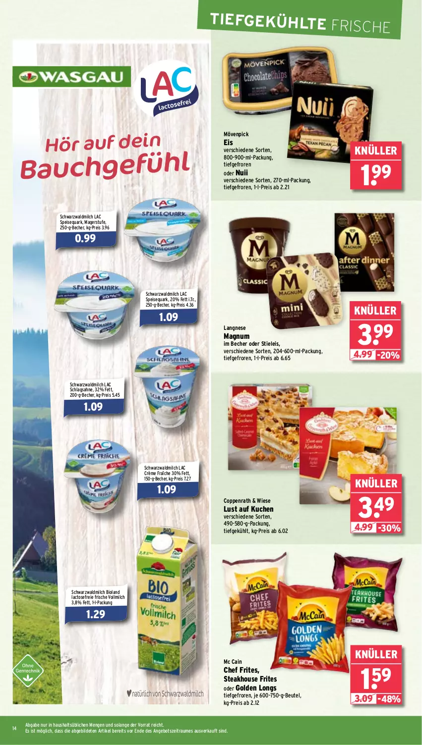 Aktueller Prospekt Wasgau - von 28.10 bis 02.11.2024 - strona 14 - produkty: angebot, Bau, Becher, beutel, bio, bioland, coppenrath, crème fraîche, eis, Golden Longs, kuchen, langnese, Lust auf Kuchen, magnum, mc cain, milch, mövenpick, mövenpick eis, nuii, quark, reis, sahne, schlagsahne, speisequark, steak, stieleis, Ti, vollmilch