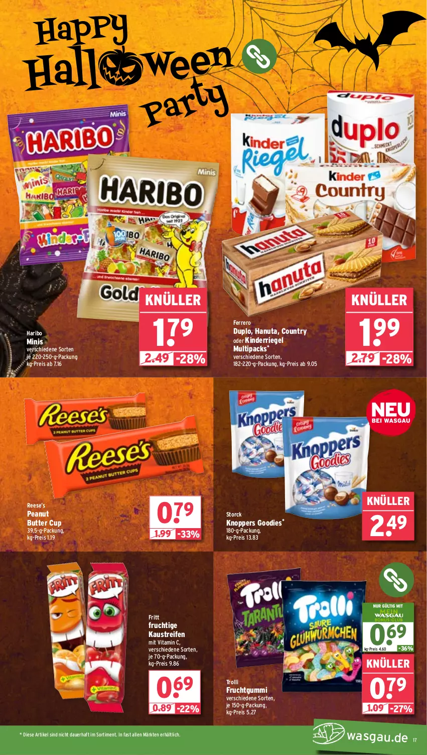 Aktueller Prospekt Wasgau - von 28.10 bis 02.11.2024 - strona 17 - produkty: auer, aust, butter, duplo, eis, ferrero, frucht, fruchtgummi, hanuta, haribo, Kaustreifen, Kinder, knoppers, peanut butter, reifen, reis, riegel, storck, Ti, trolli, trolli fruchtgummi, vita, Vitamin C