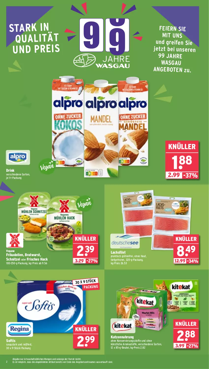 Aktueller Prospekt Wasgau - von 28.10 bis 02.11.2024 - strona 2 - produkty: angebot, angebote, beutel, bratwurst, dell, drink, eier, eis, elle, filet, frikadellen, katzennahrung, lachs, lachsfilet, reifen, reis, schnitzel, Ti, tisch, wurst