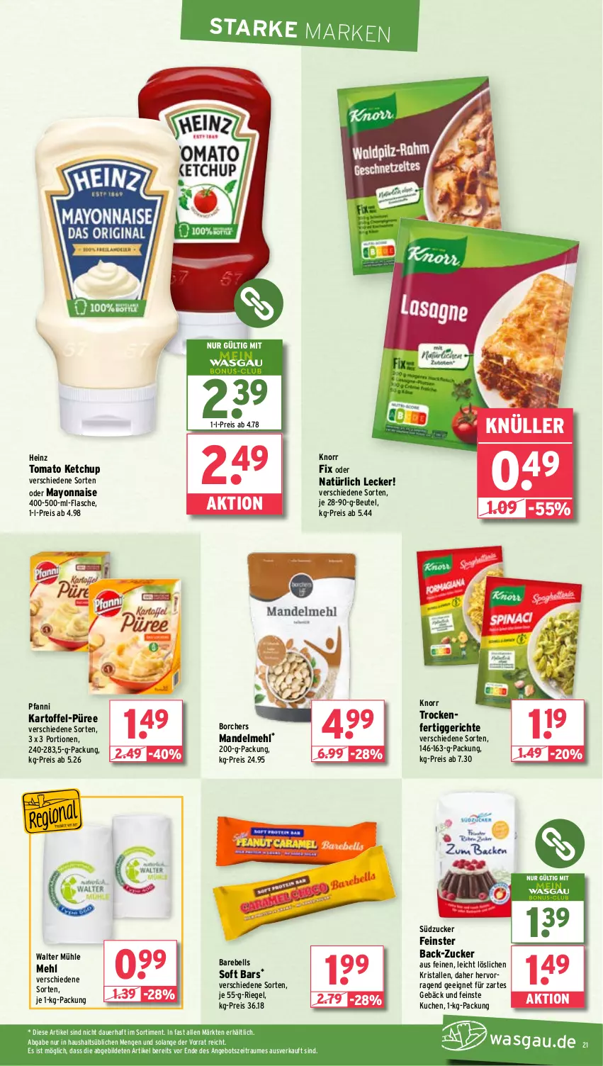 Aktueller Prospekt Wasgau - von 28.10 bis 02.11.2024 - strona 21 - produkty: angebot, auer, beutel, eis, fertiggericht, fertiggerichte, flasche, heinz, kartoffel, ketchup, knorr, knorr fix, kuchen, mandel, mayonnaise, mehl, pfanni, püree, rebell, reis, riegel, südzucker, Ti, tomato ketchup, Yo, zucker