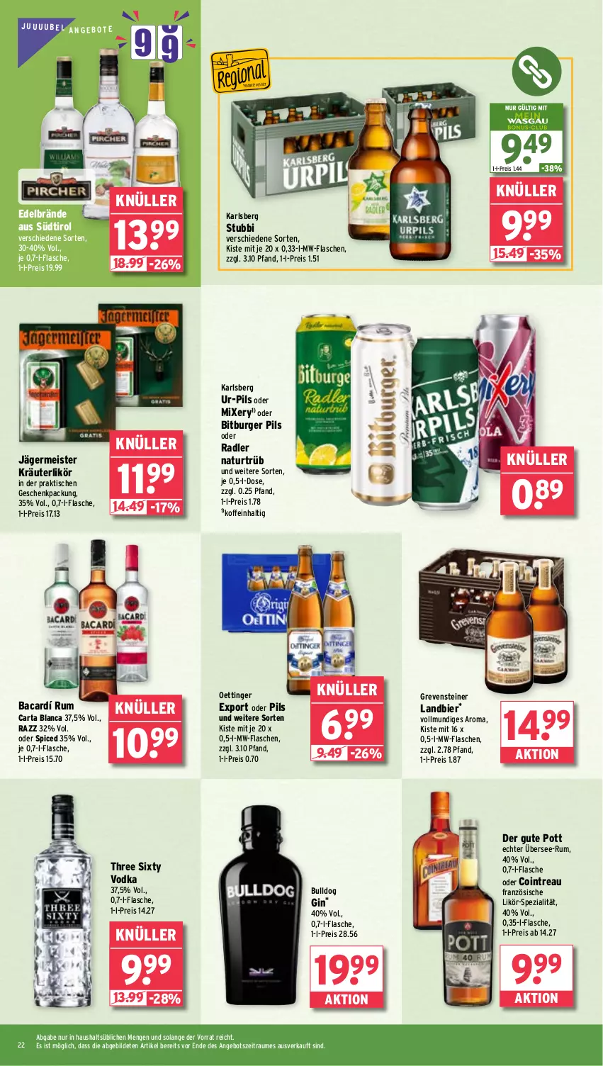 Aktueller Prospekt Wasgau - von 28.10 bis 02.11.2024 - strona 22 - produkty: angebot, angebote, bier, bitburger, bitburger pils, Bulldog, burger, eis, flasche, Germ, geschenkpackung, gin, grevensteiner, jägermeister, karlsberg, kräuter, kräuterlikör, likör, Meister, Mixer, mixery, mw-flasche, natur, oder radler, oettinger, pils, radler, reis, rum, Spezi, steiner, Three Sixty, Ti, tisch, vodka