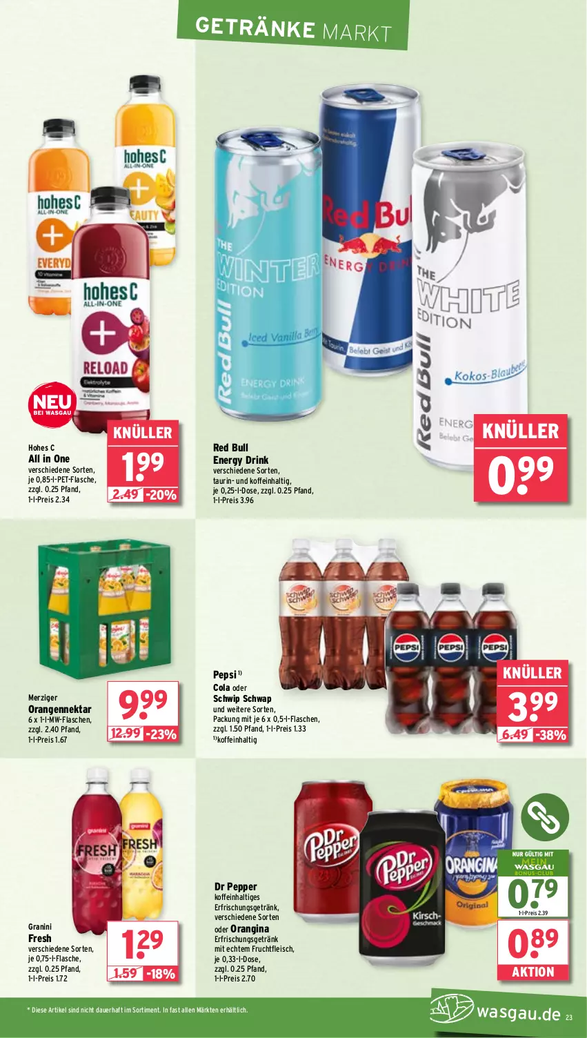 Aktueller Prospekt Wasgau - von 28.10 bis 02.11.2024 - strona 23 - produkty: auer, cola, drink, eis, energy drink, erfrischungsgetränk, flasche, fleisch, frucht, fruchtfleisch, getränk, getränke, gin, granini, Hohes C, mw-flasche, Nektar, orange, orangen, orangina, pepsi, pet-flasche, red bull, reis, Schwip Schwap, Ti