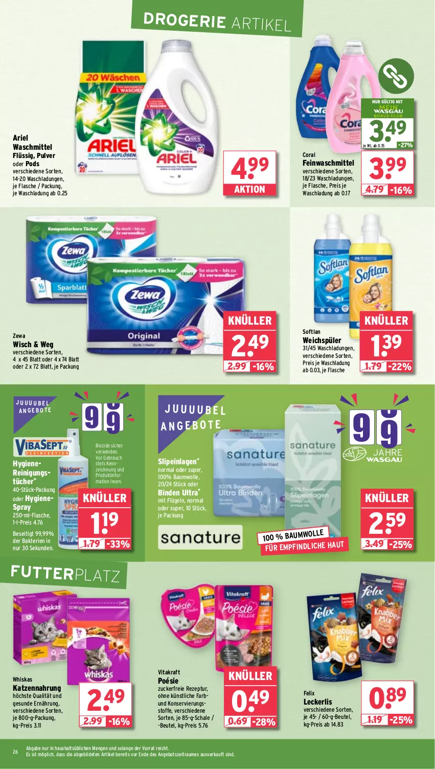 Aktueller Prospekt Wasgau - von 28.10 bis 02.11.2024 - strona 26 - produkty: angebot, angebote, ariel, ariel waschmittel, Bau, baumwolle, beutel, binden, bio, Coral, eis, feinwaschmittel, felix, flasche, katzennahrung, kraft, Pods, Rauch, Reinigung, reinigungstücher, reis, rezept, rwe, Schal, Schale, slip, slipeinlagen, Softlan, Ti, tücher, vita, vitakraft, waschmittel, weichspüler, whiskas, wolle, zewa, zucker