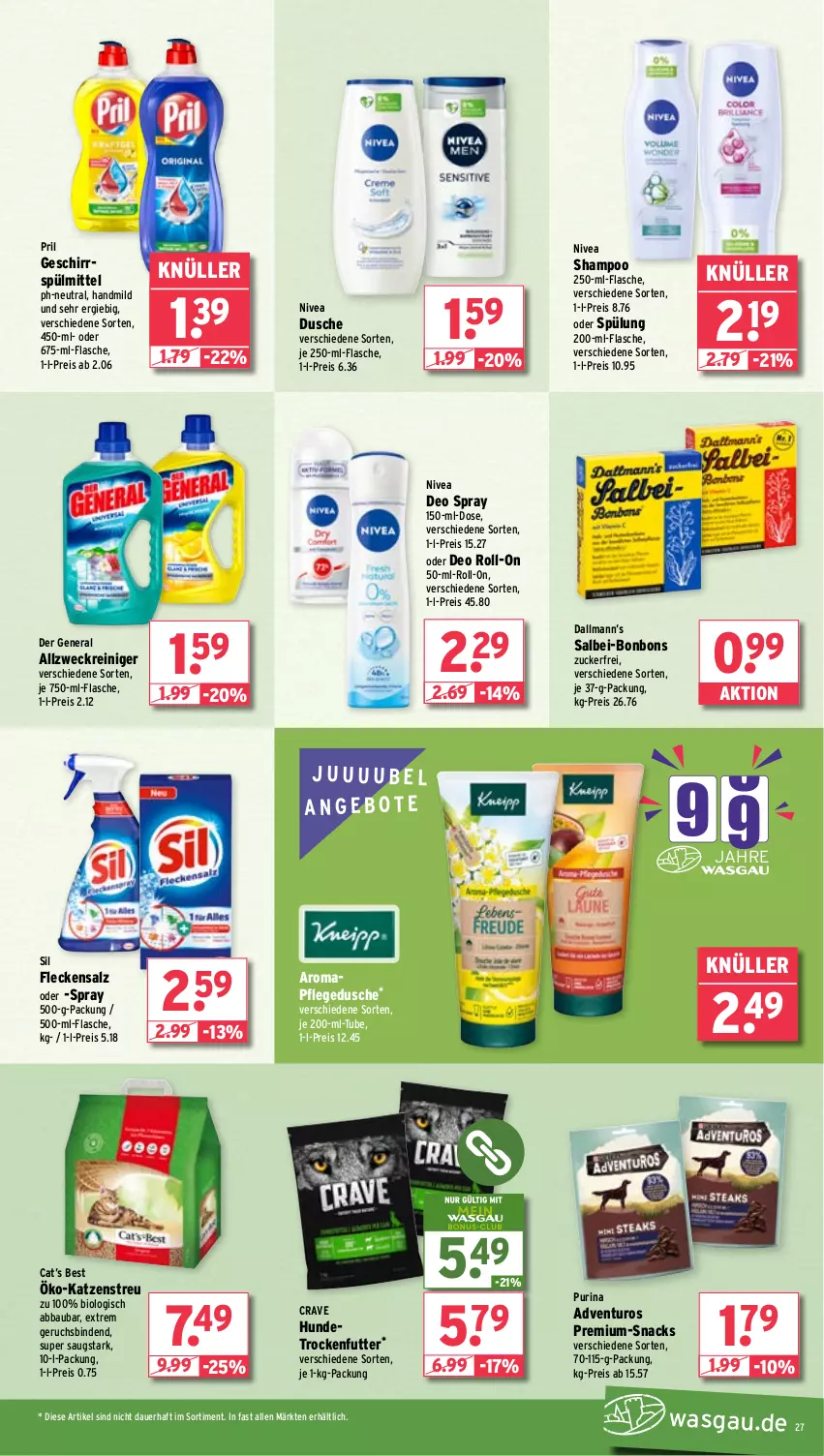 Aktueller Prospekt Wasgau - von 28.10 bis 02.11.2024 - strona 27 - produkty: Abba, adventuros, allzweckreiniger, angebot, angebote, auer, Bau, binden, bio, bonbons, deo, deo roll-on, deo spray, dusche, eis, flasche, geschirr, geschirrspülmittel, Katzenstreu, nivea, oder deo roll-on, pflegedusche, pril, purina, reiniger, reis, roll-on, salz, shampoo, snack, snacks, spülmittel, spülung, Ti, trockenfutter, weck, zucker