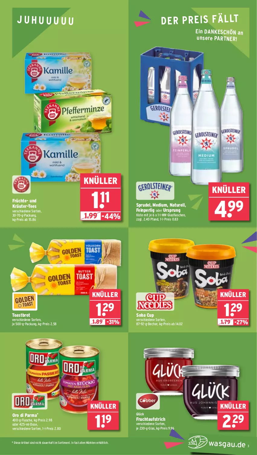 Aktueller Prospekt Wasgau - von 28.10 bis 02.11.2024 - strona 3 - produkty: auer, aufstrich, Becher, brot, eis, flasche, frucht, fruchtaufstrich, früchte, glasflasche, kräuter, natur, oro di parma, reis, rel, Sprudel, tee, Ti, toast, Toastbrot, uhu