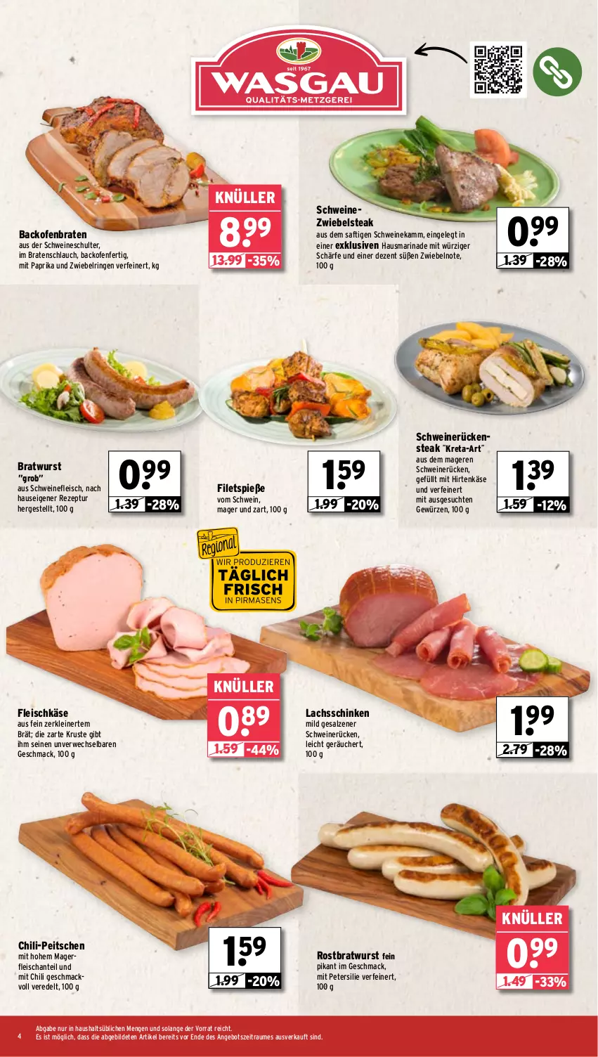 Aktueller Prospekt Wasgau - von 28.10 bis 02.11.2024 - strona 4 - produkty: angebot, backofen, braten, bratwurst, chili, eis, filet, filets, fleisch, fleischkäse, gewürz, hirtenkäse, Käse, lachs, lachsschinken, leine, mac, marinade, mit paprika, Ofen, paprika, petersilie, rezept, ring, rostbratwurst, Rückensteak, rwe, saft, salz, schinken, schlauch, schwein, schweine, schweinefleisch, schweinerücken, steak, Ti, wein, weine, wurst, zwiebel, zwiebeln