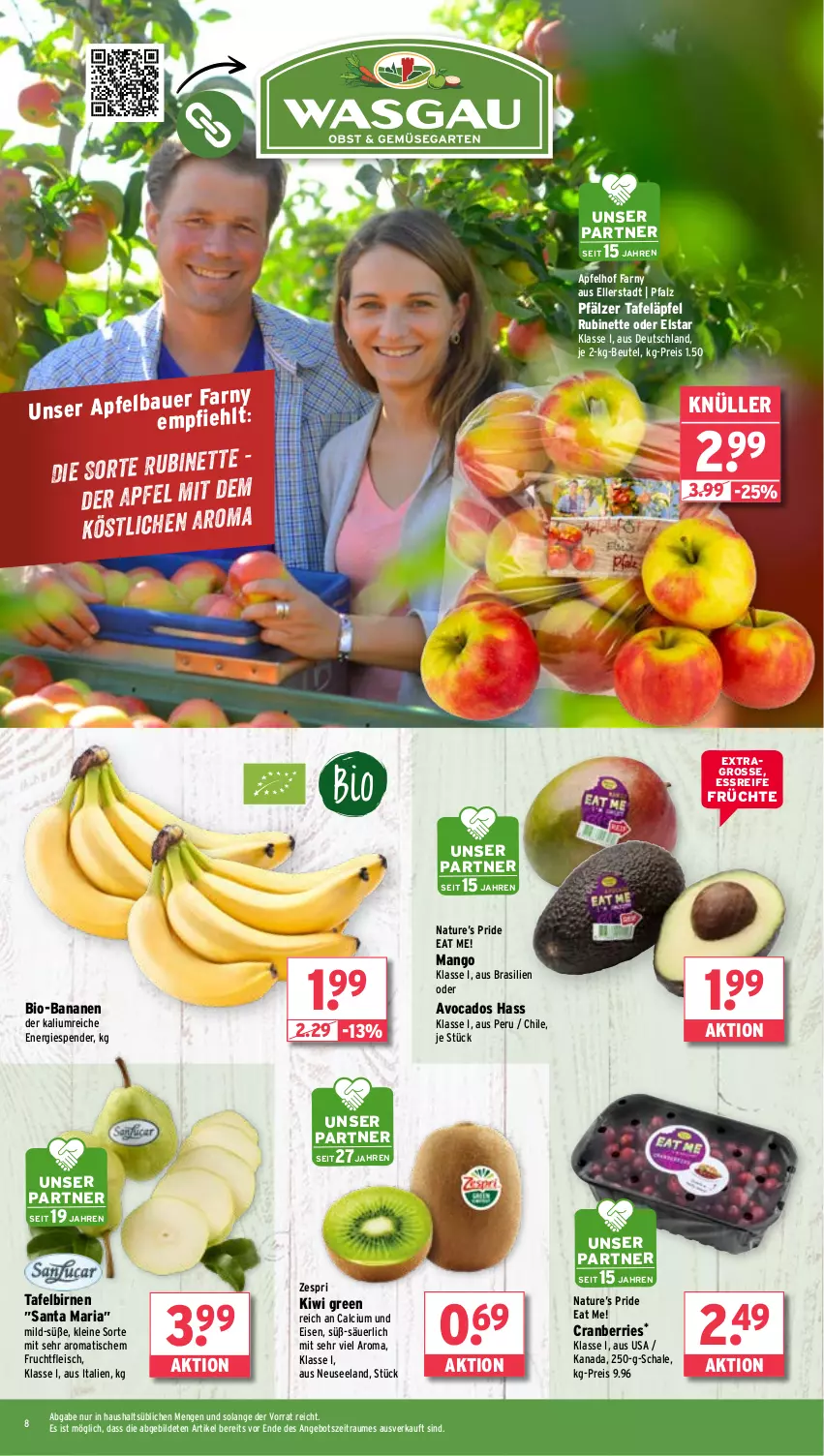 Aktueller Prospekt Wasgau - von 28.10 bis 02.11.2024 - strona 8 - produkty: angebot, apfel, avocado, avocados, banane, bananen, beutel, bio, bio-bananen, Birnen, Calcium, cranberries, eis, Elan, elle, fleisch, frucht, früchte, fruchtfleisch, kiwi, leine, mango, natur, reis, Ria, Rubin, Schal, Schale, tafeläpfel, tafelbirnen, Ti, tisch, zespri