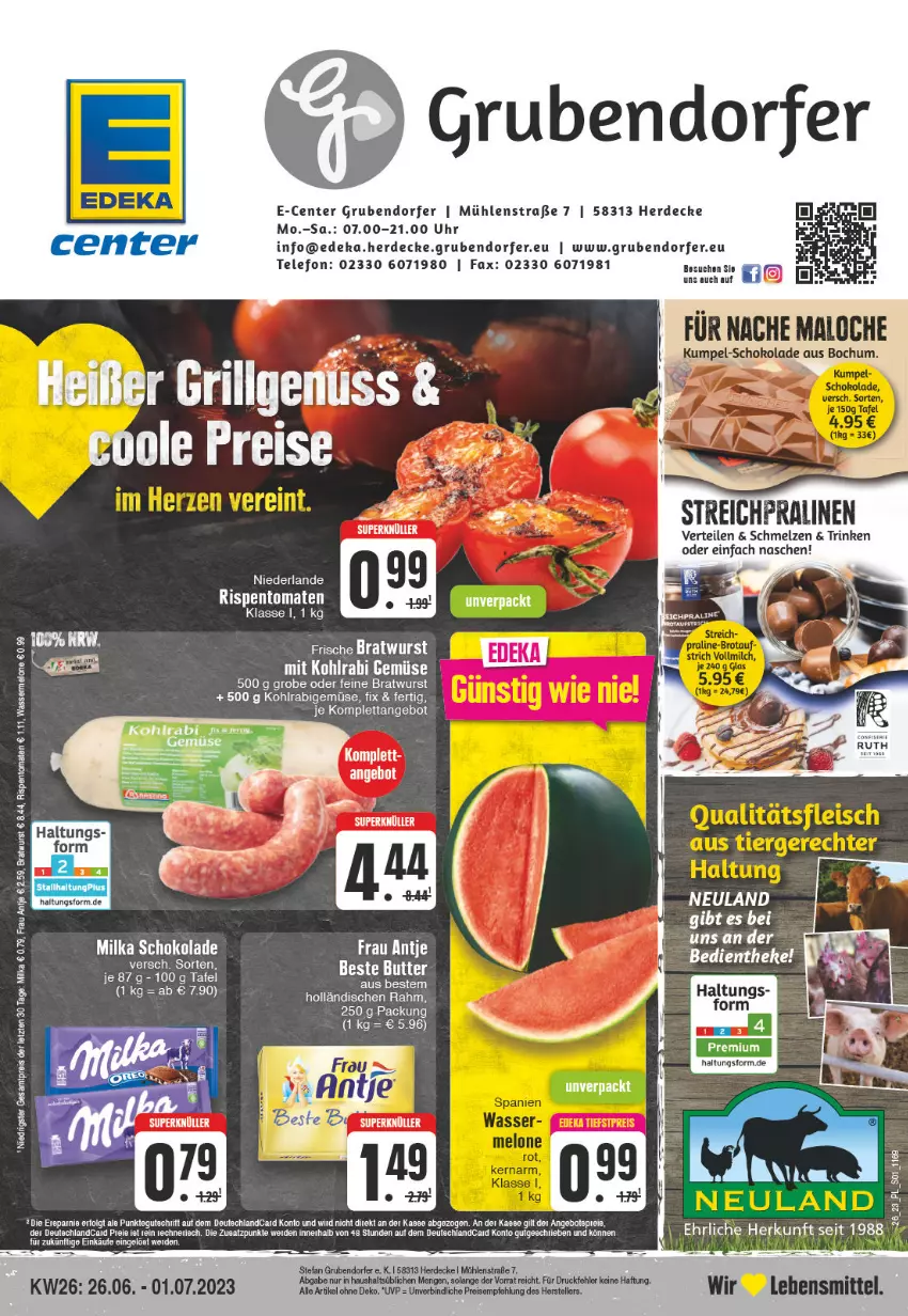 Aktueller Prospekt E Center - Angebote der Woche - von 19.06 bis 24.06.2023 - strona 1 - produkty: angebot, angebote, beste butter, bratwurst, butter, decke, deka, deutschlandcard, ente, erde, frau antje, HP, kohlrabi, lebensmittel, LG, milka, milka schokolade, pralinen, rispentomaten, schoko, schokolade, tee, telefon, Ti, tomate, tomaten, uhr, wurst