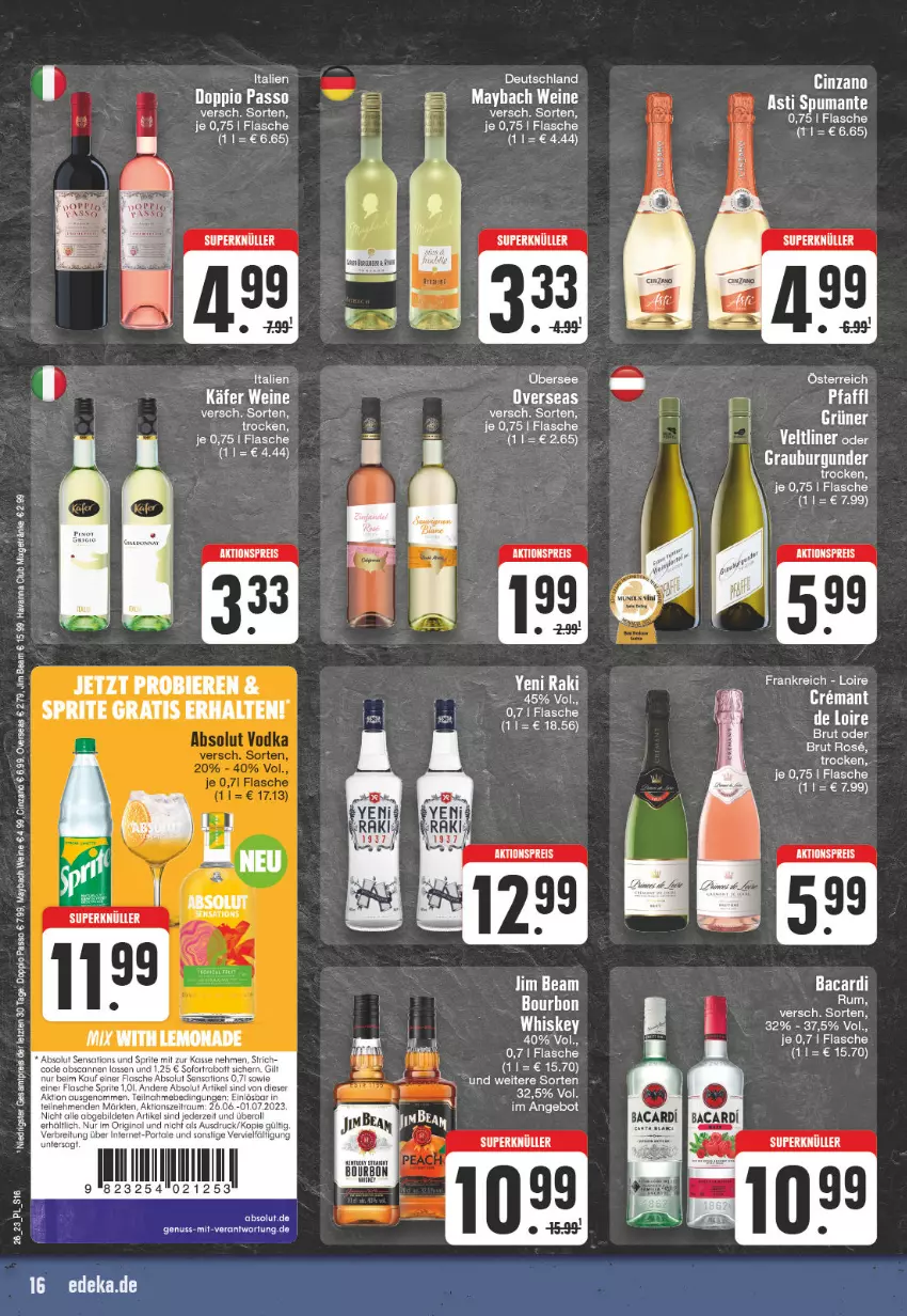 Aktueller Prospekt E Center - Angebote der Woche - von 19.06 bis 24.06.2023 - strona 16 - produkty: aktionspreis, angebot, asti, bacardi, bacardi rum, bier, Biere, bourbon, brut, cin, doppio passo, eis, flasche, getränk, getränke, gin, jim beam, käfer, lemonade, maybach, Mixgetränk, nuss, passo, puma, reis, rum, sensations, sofortrabatt, sprite, spumante, tee, Ti, tuc, wein, weine, whiskey, yeni raki, ZTE