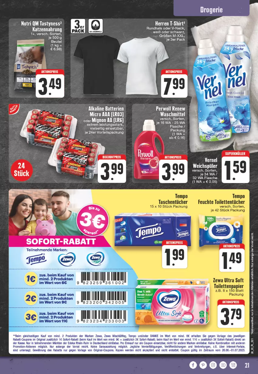 Aktueller Prospekt E Center - Angebote der Woche - von 19.06 bis 24.06.2023 - strona 21 - produkty: aktionspreis, batterie, batterien, Brei, coupon, coupons, deka, eis, erde, flasche, gin, katzennahrung, rabatt-coupon, reis, shirt, sofort-rabatt, T-Shirt, Tempo, Ti, vernel, waschmittel, weichspüler, zewa