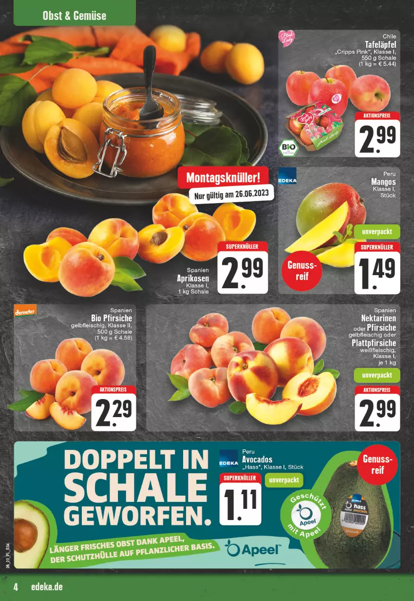 Aktueller Prospekt E Center - Angebote der Woche - von 19.06 bis 24.06.2023 - strona 4 - produkty: aktionspreis, aprikose, aprikosen, eis, fleisch, Nektar, nektarinen, nuss, oder pfirsiche, pfirsich, pfirsiche, reis, Schal, Schale, tafeläpfel, Ti