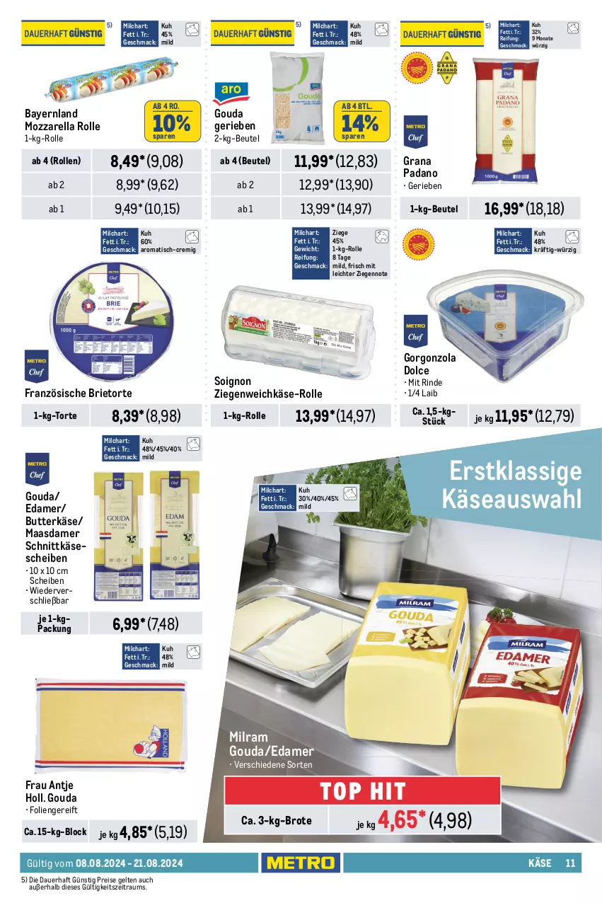 Aktueller Prospekt Metro - GastroJournal - von 08.08 bis 21.08.2024 - strona 13 - produkty: auer, bacon, Bau, beutel, bier, bierschinken, bockwurst, braten, brie, brot, Brühwurst, butter, butterkäse, dell, edamer, eis, elle, fleisch, fleischwurst, frau antje, frikadellen, gorgonzola, gouda, grana, grana padano, jagdwurst, Käse, käsescheiben, Maasdam, maasdamer, mac, milch, milram, mortadella, mozzarella, mozzarella rolle, padano, prosciutto, prosciutto cotto, Rana, Rauch, reis, rel, rind, salami, schinken, schnitten, schnittkäse, schnittkäsescheiben, schwarzwälder schinken, Speck, Ti, tisch, torte, weichkäse, würfel, wurst