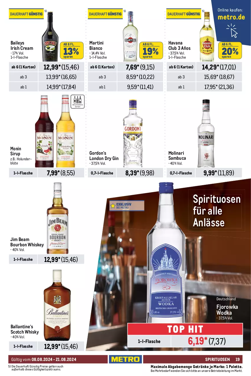 Aktueller Prospekt Metro - GastroJournal - von 08.08 bis 21.08.2024 - strona 21 - produkty: aperol, auer, baileys, ball, batida, Blüte, bourbon, bourbon whiskey, dry gin, eis, flasche, getränk, getränke, gin, gordon, Havana Club, holunder, holunderblüte, irish cream, jim beam, london dry, london dry gin, martini, Metro, Molinari, monin, Palette, reis, Ria, sambuca, scotch, scotch whisky, sirup, spirituosen, Ti, whiskey, whisky, wodka