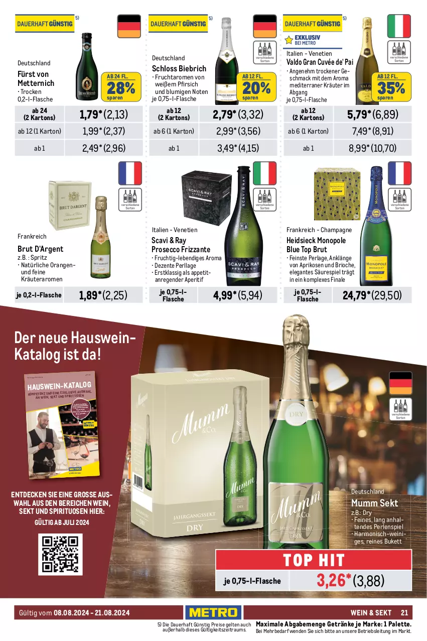 Aktueller Prospekt Metro - GastroJournal - von 08.08 bis 21.08.2024 - strona 23 - produkty: ananas, aperitif, apfel, aprikose, aprikosen, asti, auer, auto, bag-in-box, brie, brut, cassis, champagne, cuvée, de blancs, decke, ecco, eis, elle, ente, fanta, flasche, frizzante, frucht, früchte, früchten, fürst von metternich, getränk, getränke, honig, honigmelone, kräuter, küche, LG, mac, melone, Metro, Mett, metternich, monte, Montepulciano, Müller, Müller-Thurgau, mumm, orange, orangen, Palette, passo, perla, perlen, pfirsich, primitivo, prosecco, reis, Ria, sauvignon, sekt, spirituosen, Ti, tisch, valdo, vin de france, wein