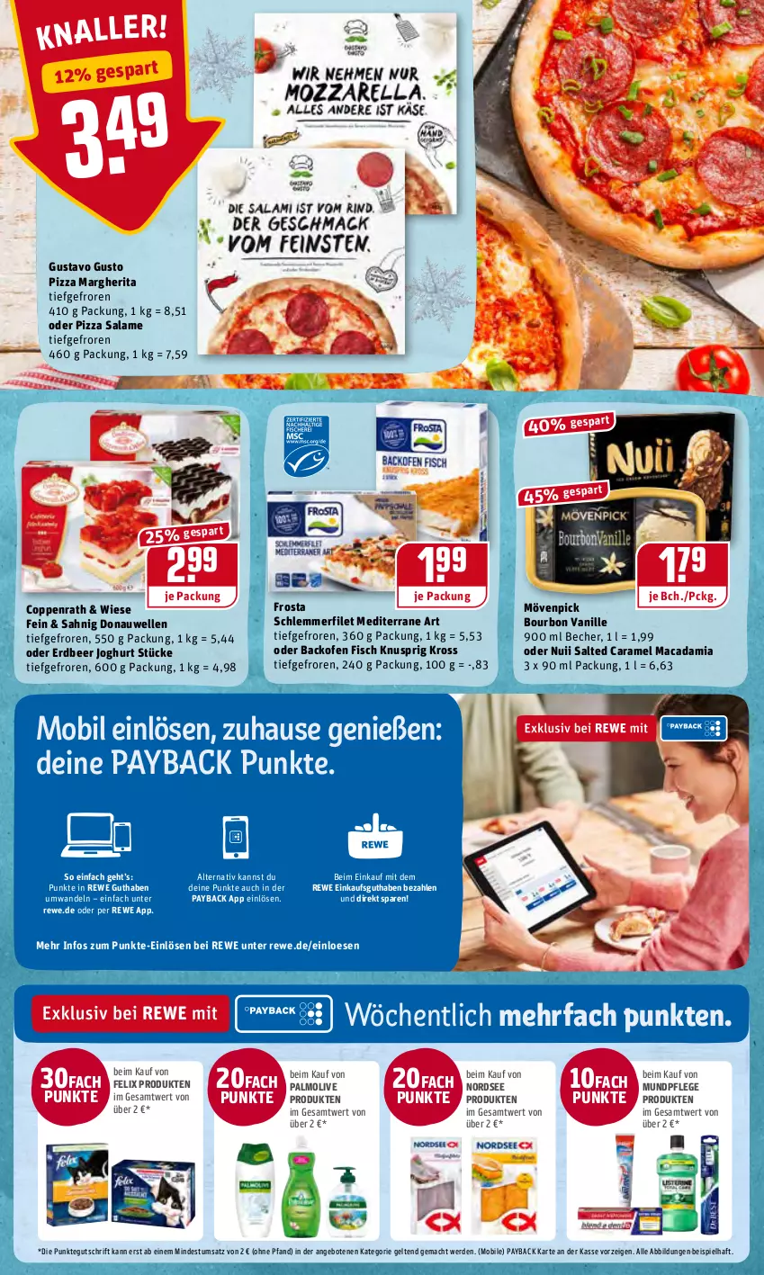 Aktueller Prospekt Rewe - Diese Woche im Angebot! - von 24.01 bis 29.01.2022 - strona 10 - produkty: angebot, angebote, backofen, backofen fisch, Becher, bio, bourbon, bourbon vanille, caramel, coppenrath, Donauwellen, eis, elle, erde, felix, filet, fisch, frosta, joghur, joghurt, mac, macadamia, margherita, mövenpick, Nordsee, nuii, Ofen, olive, palmolive, payback, pizza, pizza salame, reis, schlemmerfilet, Ti, vanille