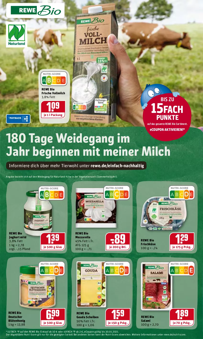 Aktueller Prospekt Rewe - Diese Woche im Angebot! - von 24.01 bis 29.01.2022 - strona 11 - produkty: bio, Blüte, blütenhonig, coupon, frischkäse, gin, gouda, honig, joghur, joghurt, joghurt mild, Käse, milch, mozzarella, natur, naturland, rel, rewe bio, salami, Ti, Vegeta, vollmilch