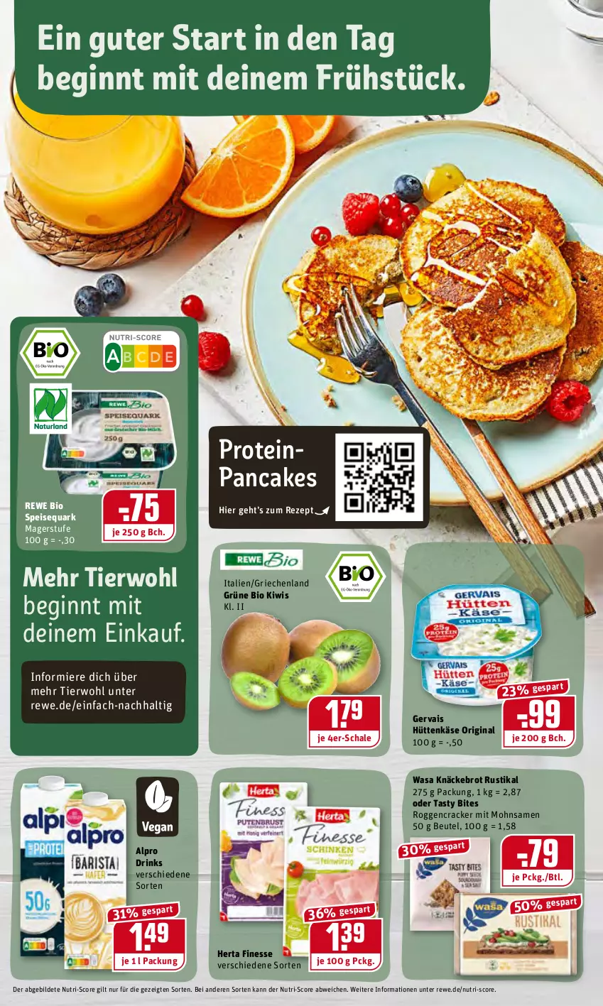 Aktueller Prospekt Rewe - Diese Woche im Angebot! - von 24.01 bis 29.01.2022 - strona 12 - produkty: alpro, beutel, bio, bites, brot, cracker, drink, drinks, eis, finesse, gervais, gin, herta, herta finesse, Käse, kiwi, knäckebrot, quark, rewe bio, rezept, Schal, Schale, speisequark, Ti, wasa