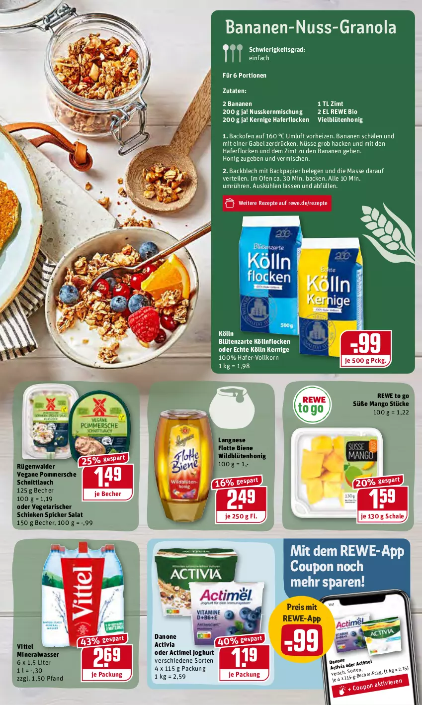 Aktueller Prospekt Rewe - Diese Woche im Angebot! - von 24.01 bis 29.01.2022 - strona 13 - produkty: actimel, activia, Alwa, backofen, banane, bananen, Becher, bio, Blüte, blütenhonig, coupon, danone, danone activia, eis, gabel, hafer, haferflocken, honig, joghur, joghurt, kölln, korn, langnese, mango, mineralwasser, nuss, Ofen, papier, Pommersche, reis, rewe bio, rezept, rezepte, rügenwalder, salat, Schal, Schale, schinken, schinken spicker, schnittlauch, Ti, Vegeta, vittel, wasser, Wild