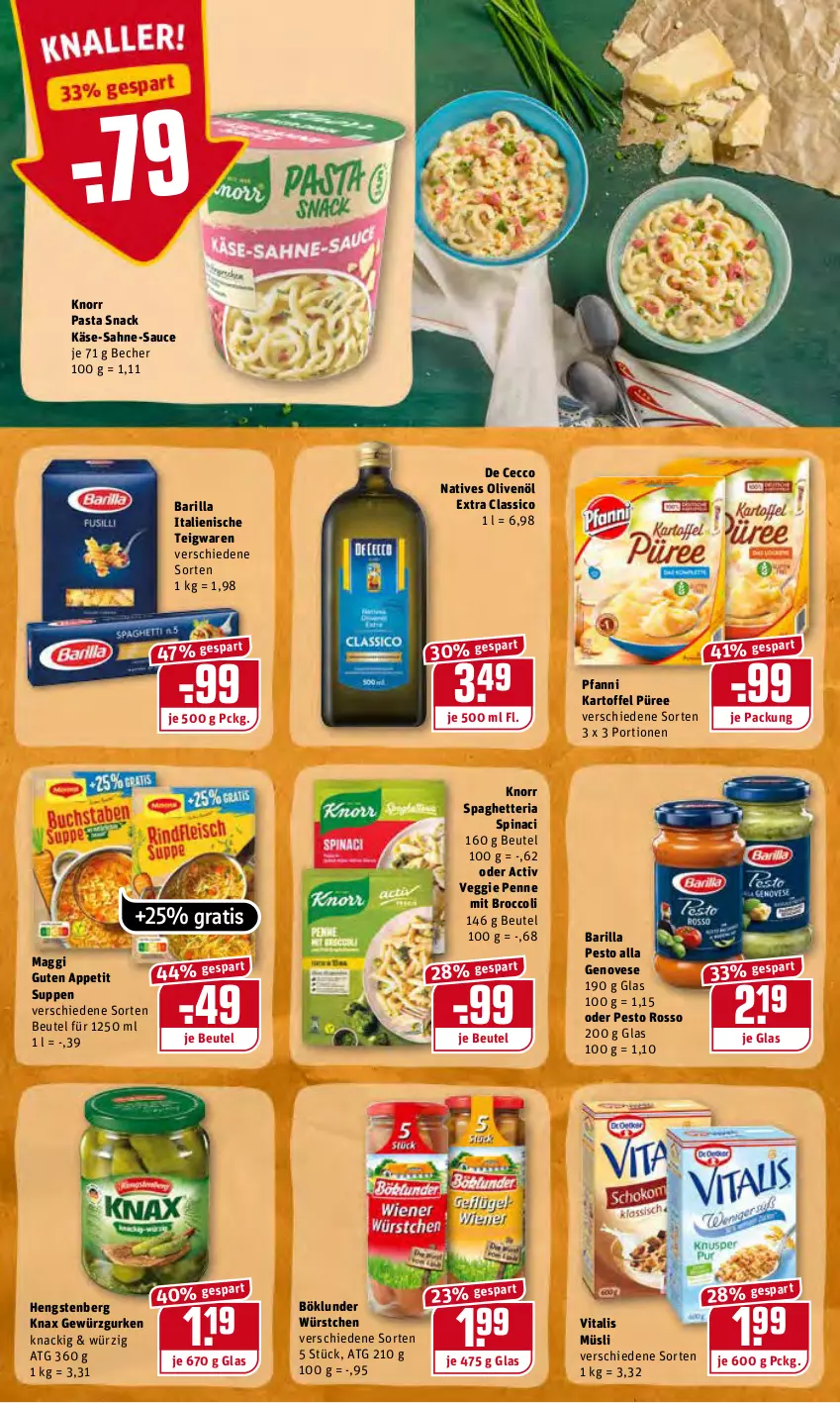 Aktueller Prospekt Rewe - Diese Woche im Angebot! - von 24.01 bis 29.01.2022 - strona 18 - produkty: barilla, Becher, beutel, böklunder, broccoli, classico, De Cecco, ecco, genovese, gewürz, Gewürzgurke, gewürzgurken, gurke, gurken, hengstenberg, kartoffel, Käse, knorr, knorr pasta, maggi, müsli, natives olivenöl, olive, oliven, olivenöl, olivenöl extra, pasta, pasta snack, penne, pesto, pfanni, püree, Ria, sahne, sauce, snack, suppe, suppen, teigwaren, Ti, veggie, vita, vitalis, vitalis müsli, würstchen