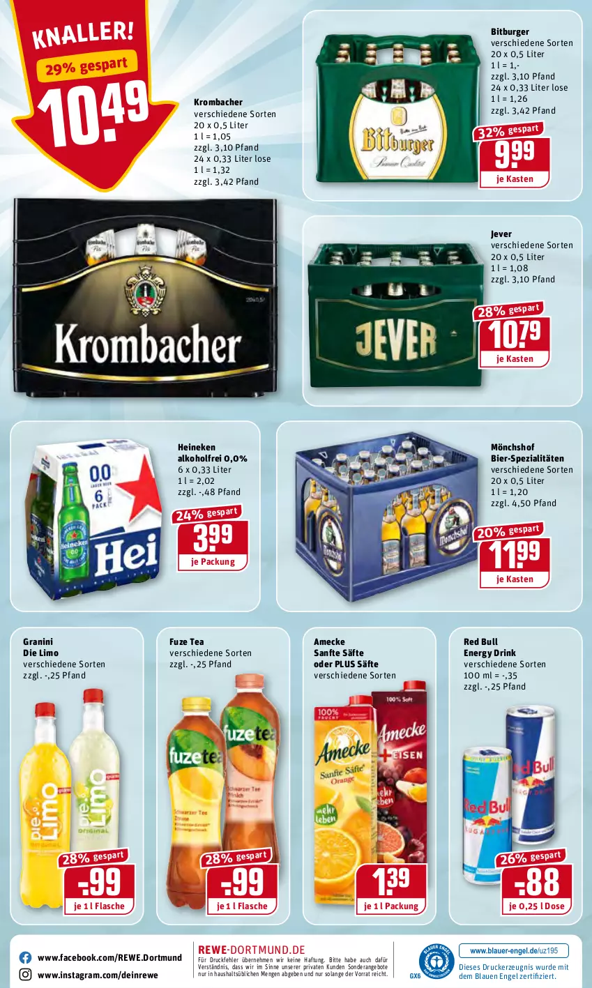 Aktueller Prospekt Rewe - Diese Woche im Angebot! - von 24.01 bis 29.01.2022 - strona 20 - produkty: alkohol, amecke, angebot, angebote, bier, bitburger, burger, drink, drucker, energy drink, Engel, flasche, fuze tea, granini, granini die limo, heineken, jever, kerze, krombache, krombacher, limo, mönchshof, red bull, säfte, Spezi, Ti