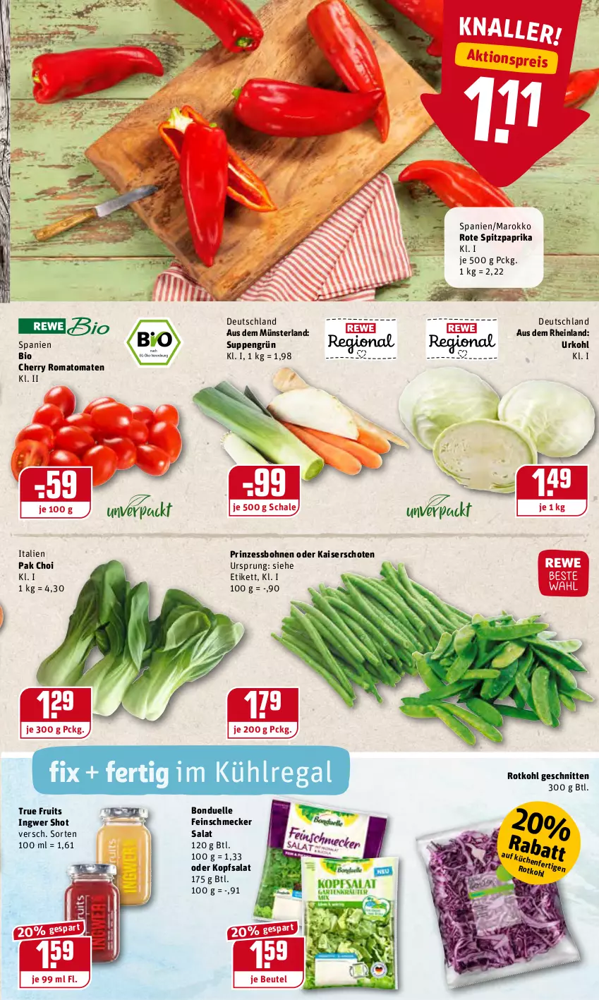 Aktueller Prospekt Rewe - Diese Woche im Angebot! - von 24.01 bis 29.01.2022 - strona 3 - produkty: aktionspreis, beutel, bio, bohne, bohnen, bonduelle, eis, elle, feinschmecker, ingwer, Kaiser, kopfsalat, kühlregal, Pak Choi, paprika, prinzessbohnen, regal, reis, Romatomaten, rotkohl, salat, Schal, Schale, schnitten, Spitzpaprika, suppe, suppen, Ti, tomate, tomaten, true fruits