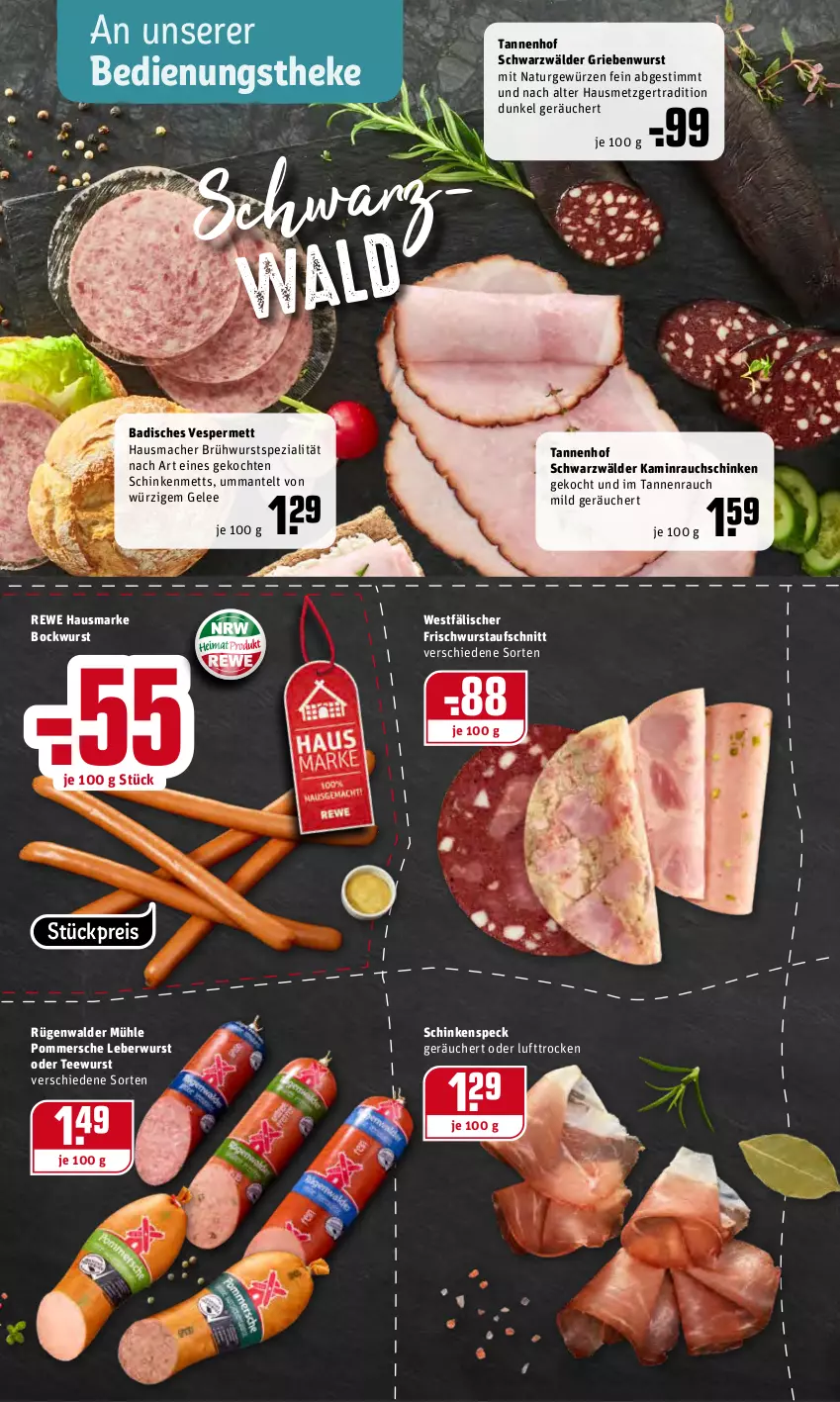 Aktueller Prospekt Rewe - Diese Woche im Angebot! - von 24.01 bis 29.01.2022 - strona 6 - produkty: aufschnitt, Bad, bockwurst, Brühwurst, eis, gelee, gewürz, Hausmacher, hausmarke, Kamin, leberwurst, mac, Mantel, Mett, natur, Pommersche, Rauch, reis, rewe hausmarke, rügenwalder, rügenwalder mühle, schinken, schinkenspeck, Speck, Spezi, tee, teewurst, Ti, wurst