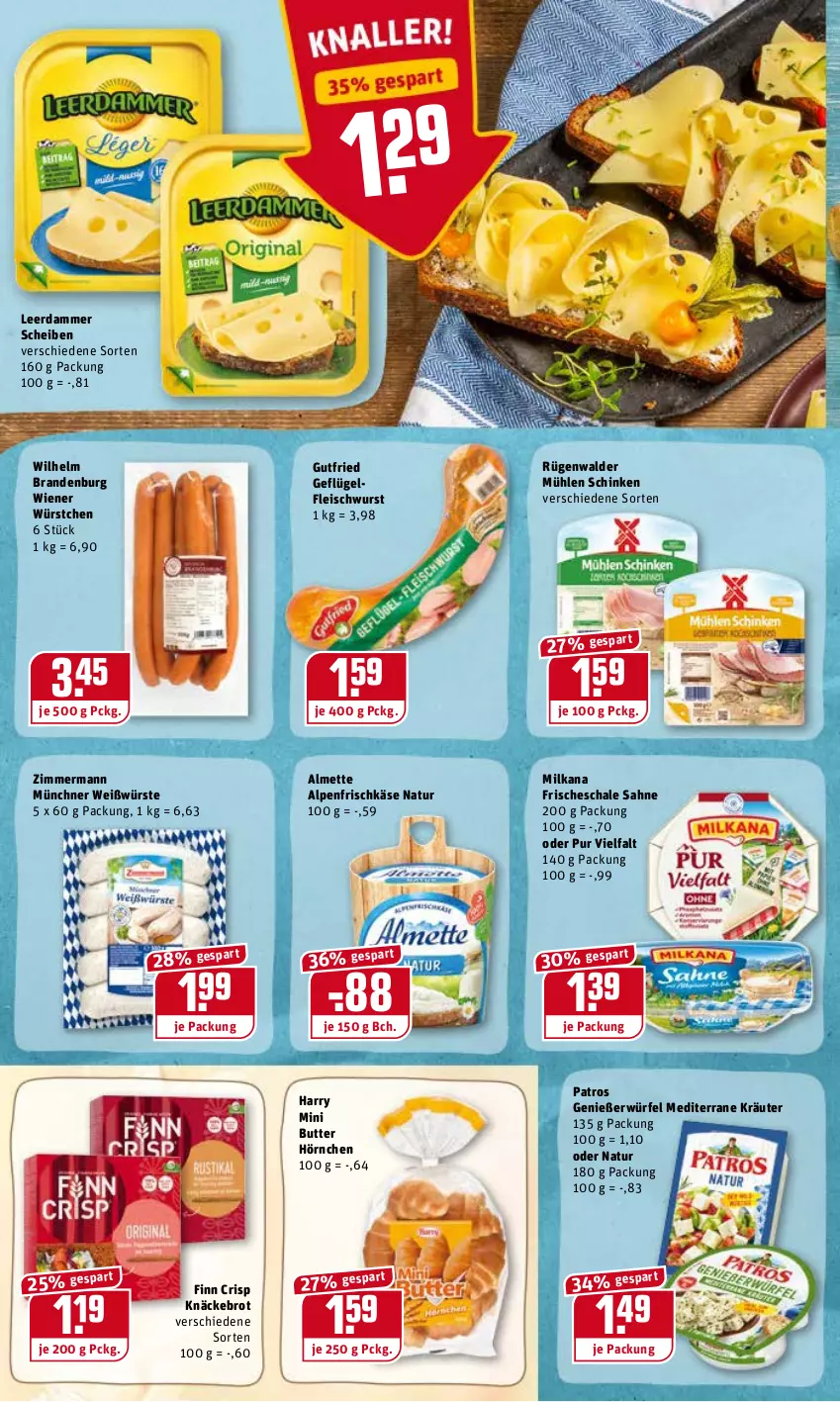 Aktueller Prospekt Rewe - Diese Woche im Angebot! - von 24.01 bis 29.01.2022 - strona 8 - produkty: almette, alpenfrischkäse, brot, butter, eis, fleisch, fleischwurst, frischkäse, Geflügel, gutfried, hörnchen, Käse, knäckebrot, kräuter, leerdammer, Mett, milka, milkana, mühlen schinken, natur, patros, rügenwalder, rügenwalder mühle, sahne, Schal, Schale, schinken, wiener, wiener würstchen, würfel, wurst, würstchen