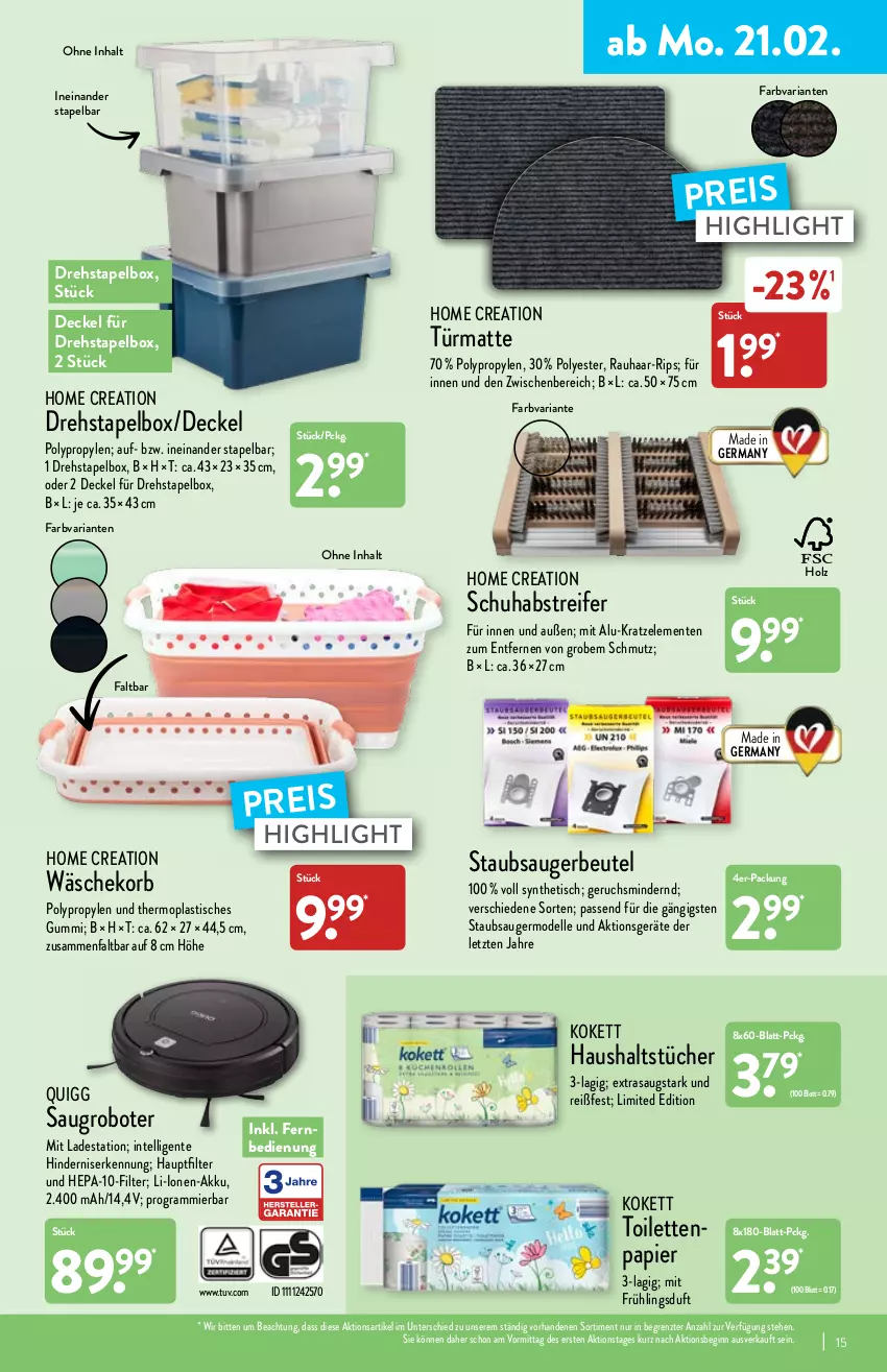 Aktueller Prospekt Aldi Nord - Aldi-Vorschau - von 21.02 bis 26.02.2022 - strona 15 - produkty: akku, asti, beutel, decke, Deckel, dell, eis, elle, ente, fernbedienung, Germ, gin, Holz, Intel, korb, Mode, papier, quigg, reis, Ria, Saugroboter, staubsauger, staubsaugerbeutel, Ti, tisch, tücher, wäschekorb, ZTE