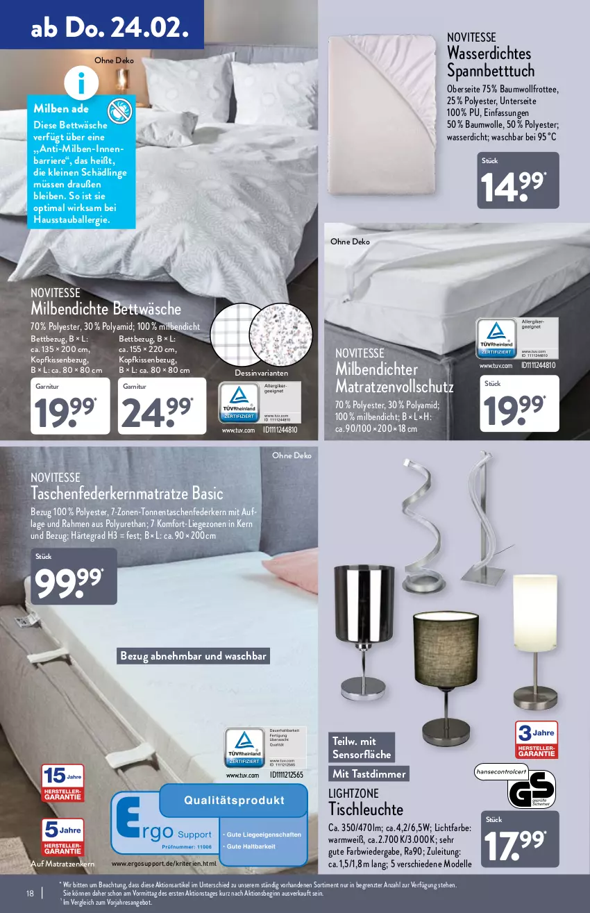 Aktueller Prospekt Aldi Nord - Aldi-Vorschau - von 21.02 bis 26.02.2022 - strona 18 - produkty: angebot, ball, Bau, baumwolle, bett, Betttuch, bettwäsche, dell, dimmer, elle, federkern, federkernmatratze, garnitur, gin, kernmatratze, kissen, Kissenbezug, kopfkissen, kopfkissenbezug, leine, Leuchte, Liege, lightzone, matratze, matratzen, Mode, resa, Ria, spannbetttuch, Tasche, taschen, taschenfederkernmatratze, tee, Ti, tisch, tischleuchte, tuc, wasser, wolle, ZTE