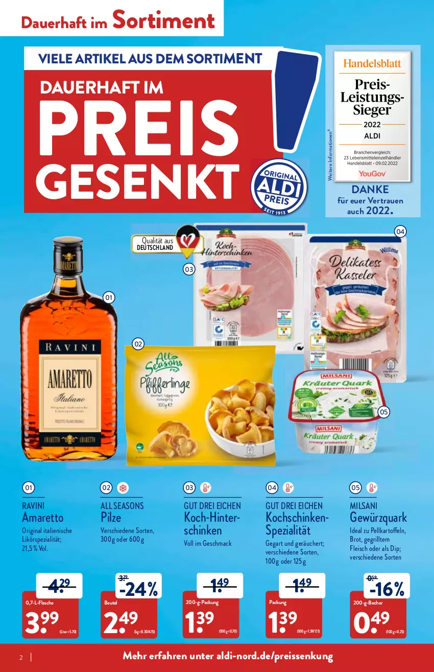 Aktueller Prospekt Aldi Nord - Aldi-Vorschau - von 21.02 bis 26.02.2022 - strona 2 - produkty: aldi, Amaretto, auer, Becher, beutel, brot, dip, eis, flasche, fleisch, gewürz, gewürzquark, gin, grill, hinterschinken, kartoffel, kartoffeln, kochschinken, likör, mac, pilze, quark, reis, reiss, schinken, Spezi, Ti