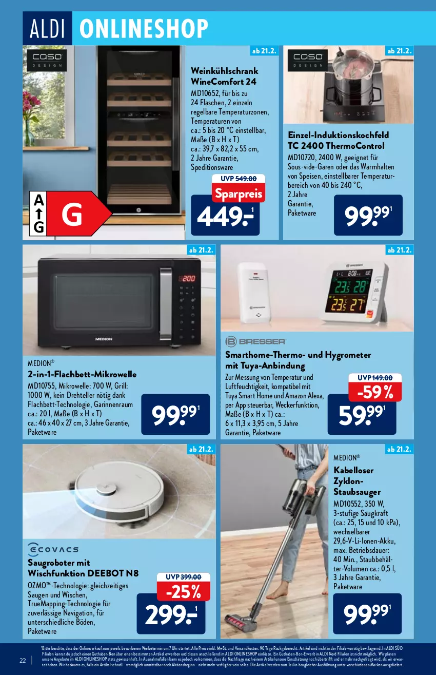 Aktueller Prospekt Aldi Nord - Aldi-Vorschau - von 21.02 bis 26.02.2022 - strona 22 - produkty: akku, aldi, alexa, amazon alexa, angebot, angebote, auer, Bau, Behälter, bett, eis, elle, erde, flasche, gin, grill, Grom, Hygrometer, induktionskochfeld, kochfeld, kraft, kühlschrank, medion, mikrowelle, ndk, reis, rwe, Saugroboter, Schrank, staubsauger, teller, Ti, uhr, weck, wein