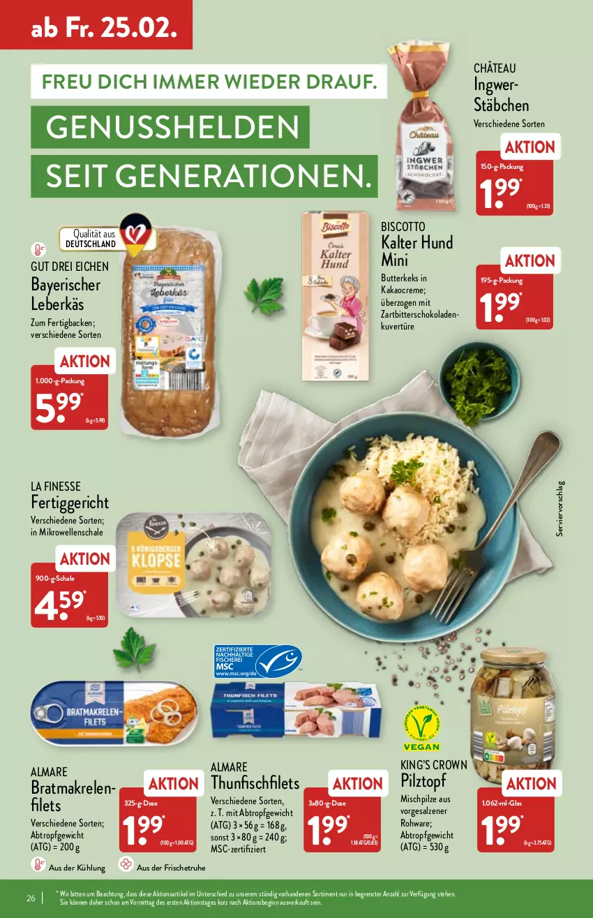 Aktueller Prospekt Aldi Nord - Aldi-Vorschau - von 21.02 bis 26.02.2022 - strona 26 - produkty: almare, biscotto, butter, butterkeks, creme, elle, fertiggericht, filet, filets, finesse, fisch, gin, HP, ingwer, kakao, keks, leberkäs, Makrele, mikrowelle, nuss, pilze, rel, salz, Schal, Schale, schoko, schokolade, schokoladen, thunfisch, Ti, topf, Zartbitterschokolade, ZTE