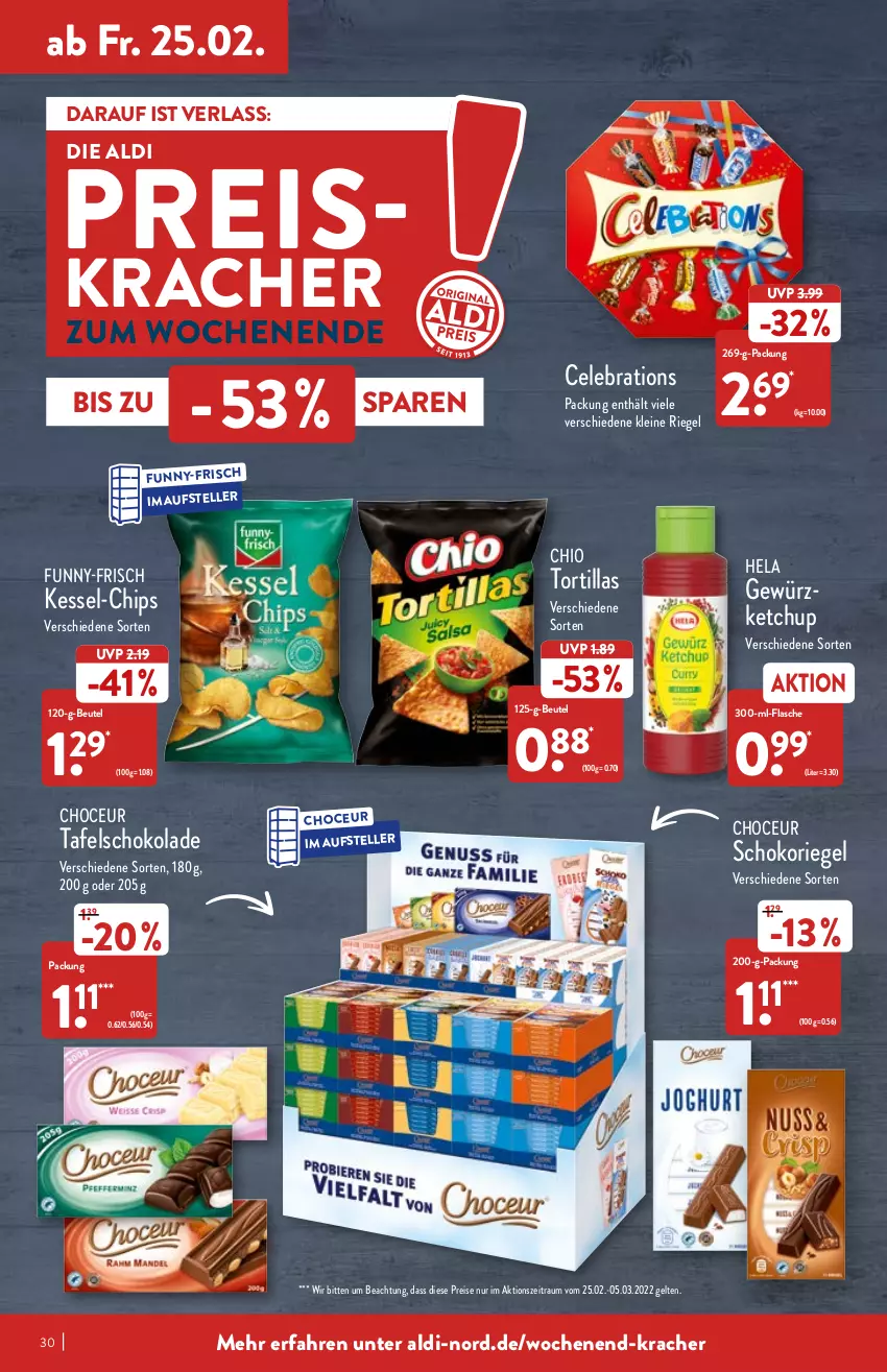 Aktueller Prospekt Aldi Nord - Aldi-Vorschau - von 21.02 bis 26.02.2022 - strona 30 - produkty: aldi, beutel, chips, eis, elle, flasche, funny-frisch, gewürz, gewürzketchup, Hela, ketchup, kracher, leine, reis, riegel, schoko, schokolade, schokoriegel, tafelschokolade, teller, Ti, tortilla, tortillas