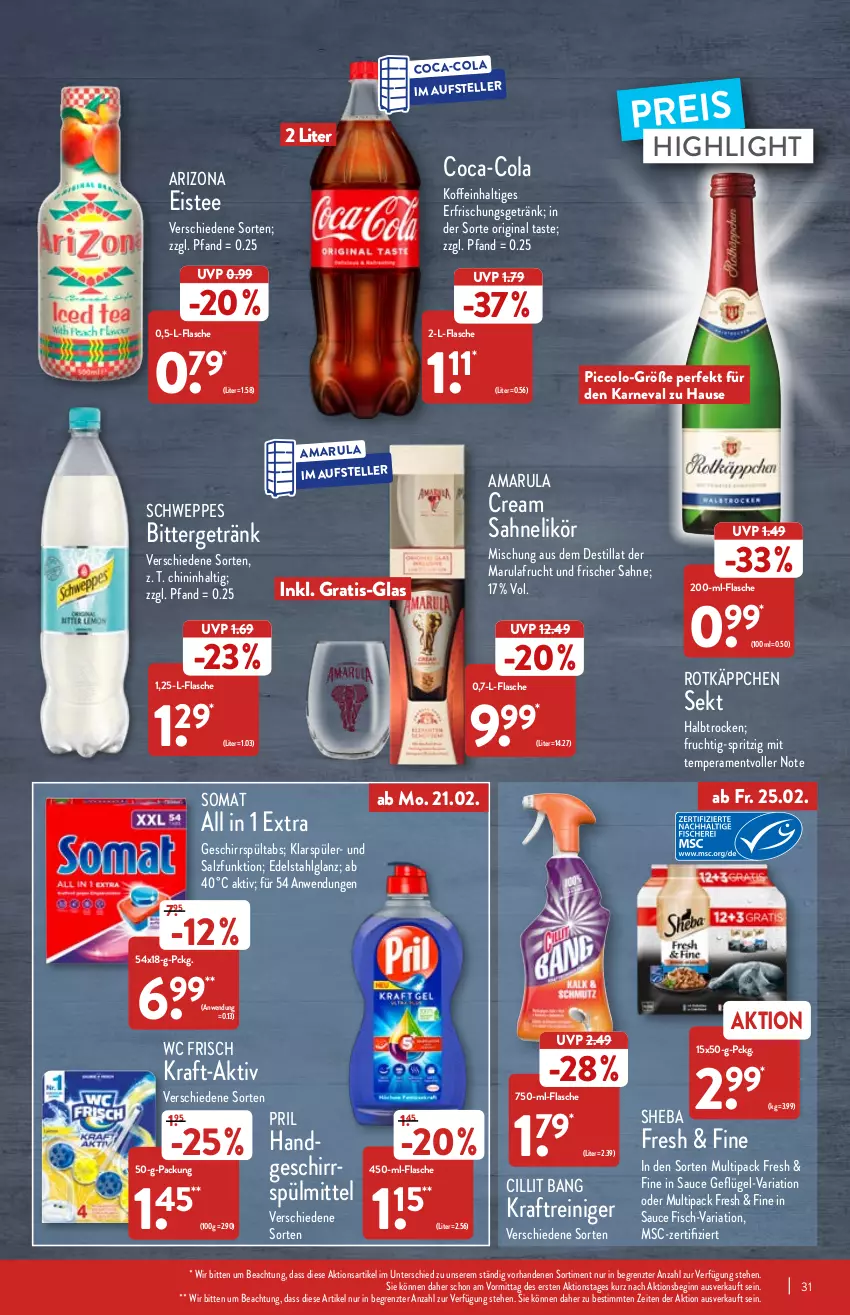 Aktueller Prospekt Aldi Nord - Aldi-Vorschau - von 21.02 bis 26.02.2022 - strona 31 - produkty: amarula, Cillit, cillit bang, coca-cola, cola, edelstahl, eis, eistee, elle, erfrischungsgetränk, fisch, flasche, frucht, Geflügel, geschirr, getränk, gin, kraft, LG, likör, pril, reiniger, reis, Ria, rotkäppchen, sahne, salz, sauce, schweppes, sekt, sheba, somat, spülmittel, tee, teller, Ti, wc frisch, ZTE