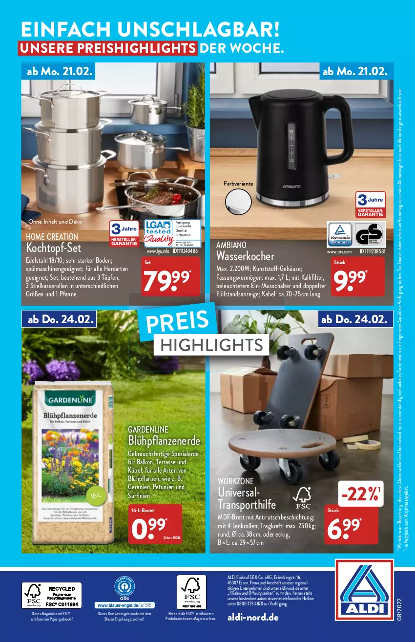 Aktueller Prospekt Aldi Nord - Aldi-Vorschau - von 21.02 bis 26.02.2022 - strona 32 - produkty: aldi, ambia, angebot, auto, beutel, drucker, edelstahl, eis, Engel, erde, geranie, geranien, gin, herdarten, HP, kerze, Kocher, Kochtopf, kraft, Leuchte, LG, magazin, papier, petunie, petunien, pfanne, pflanze, pflanzen, Rauch, reis, resa, Ria, Schal, Spezi, Sport, spülmaschinen, stielkasserolle, Surf, telefon, Ti, topf, topf-set, wasser, wasserkocher, ZTE