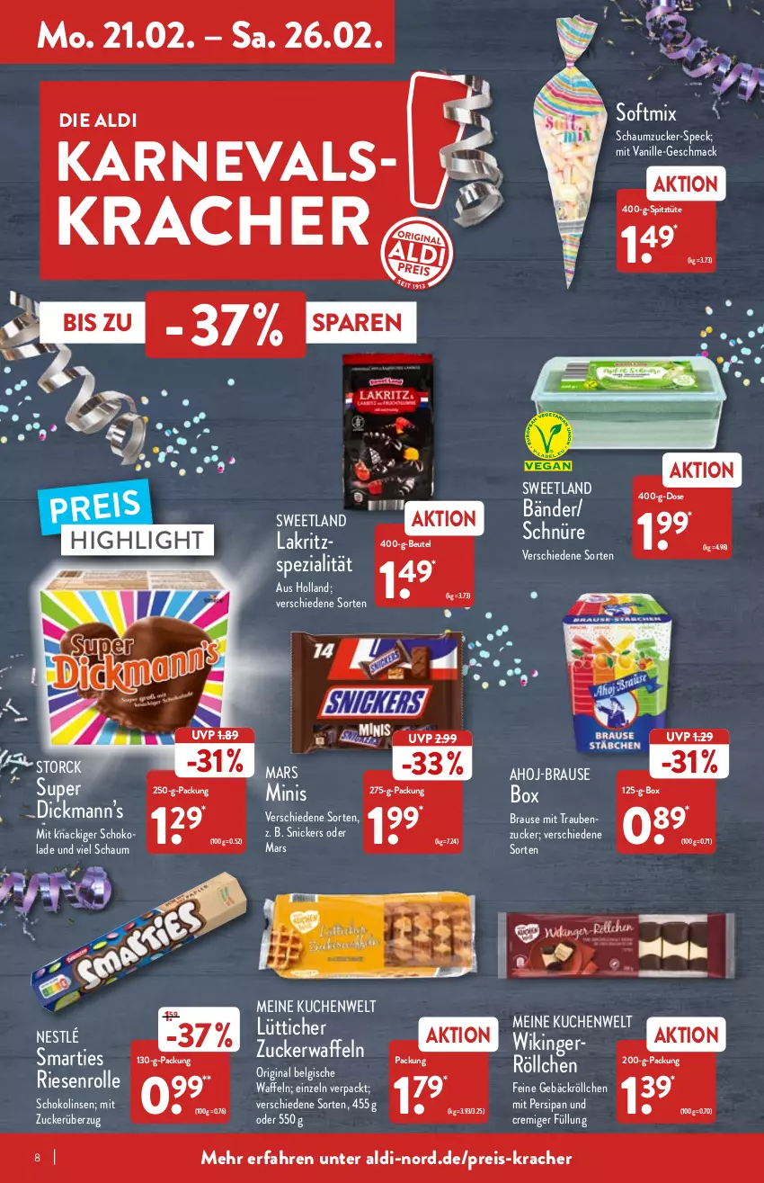 Aktueller Prospekt Aldi Nord - Aldi-Vorschau - von 21.02 bis 26.02.2022 - strona 8 - produkty: ahoj-brause, aldi, beutel, brause, eis, gin, kracher, kuchen, Lakritz, LG, linsen, mac, mars, nestlé, reis, Schaumzucker, schoko, schokolade, Schokolinsen, smarties, snickers, Speck, Spezi, storck, Sweetland, Ti, trauben, Tüte, vanille, waffeln, zucker