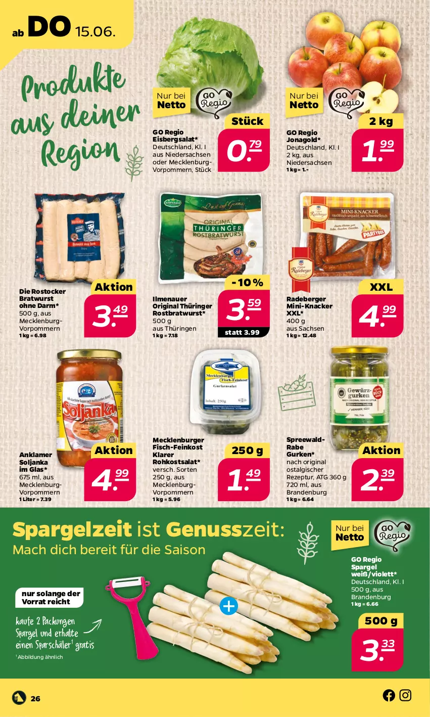 Aktueller Prospekt Netto - Woche 24 - von 12.06 bis 17.06.2023 - strona 26 - produkty: auer, Berger, bratwurst, burger, eis, eisbergsalat, feinkost, fisch, gin, gurke, gurken, knacker, LG, mac, nuss, original thüringer, radeberger, rezept, ring, rostbratwurst, Rostocker, sac, salat, spargel, thüringer rostbratwurst, Ti, wurst